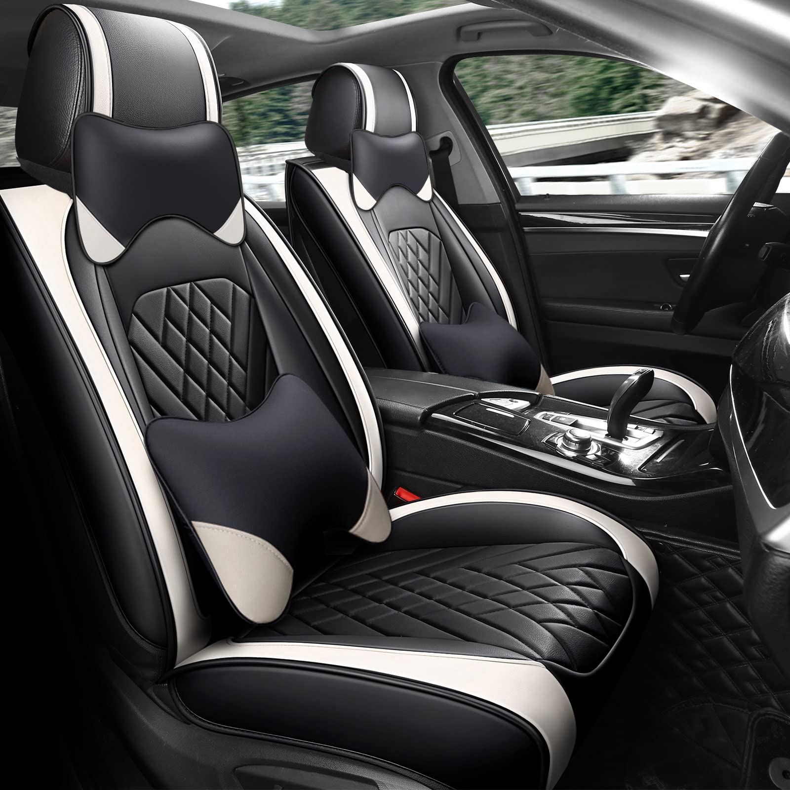 Premium Leather Car Seat Covers Full Set - Universal Waterproof Fit for Sedan, SUV, Pickup Truck & EV (5 Seats) with Comfort Pillows - Beige | Perfect for Road Trips, Family Travel & Daily Commute