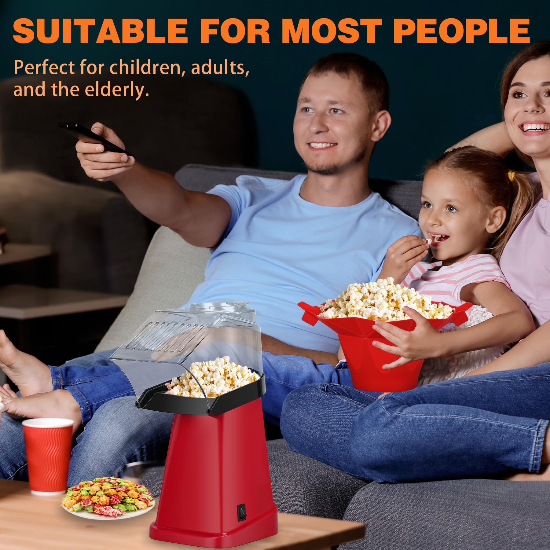 Fast Hot Air Popcorn Popper Machine with 16-Cup Bowl, Measuring Cup & Butter Tray - Quick Healthy Snack Maker for Movie Nights, Parties & Family Gatherings (Red)