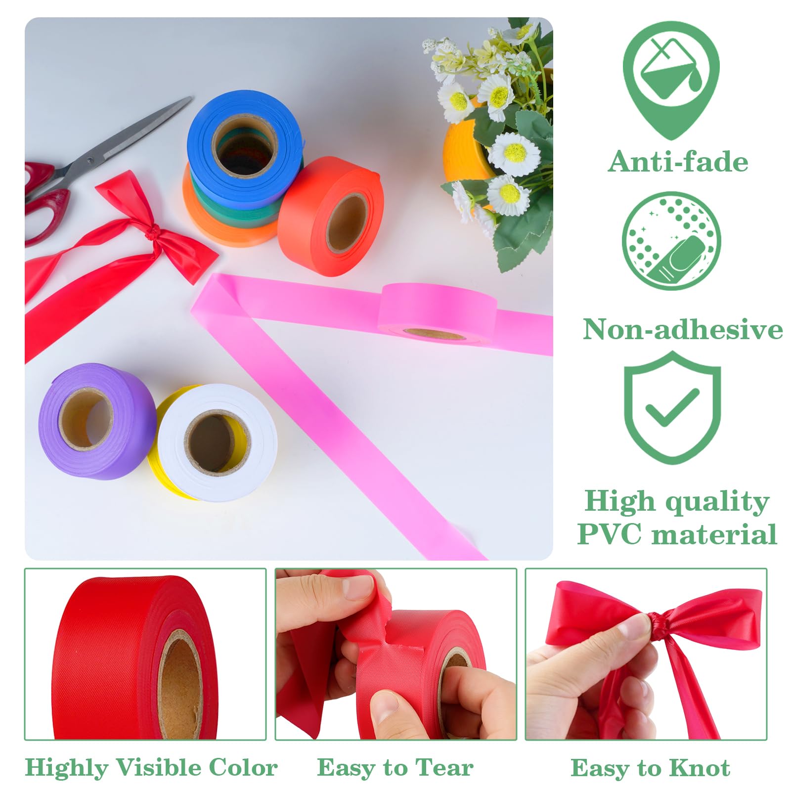 12 Pack Fluorescent Pink Flagging Tape - Non-Adhesive Plastic Ribbon, Neon Marking Roll for Hunting, Trail Marking & Tree Identification (1-3/16