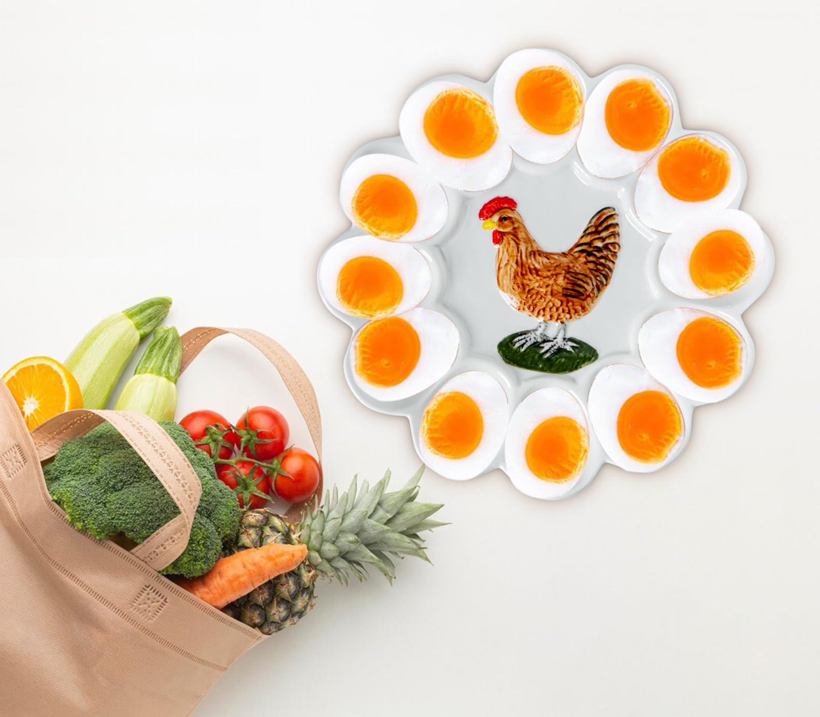 White Ceramic Chicken-Shaped Deviled Egg Tray Platter - Large Deviled Egg Holder Plate for Easter, Parties & Holiday Gatherings