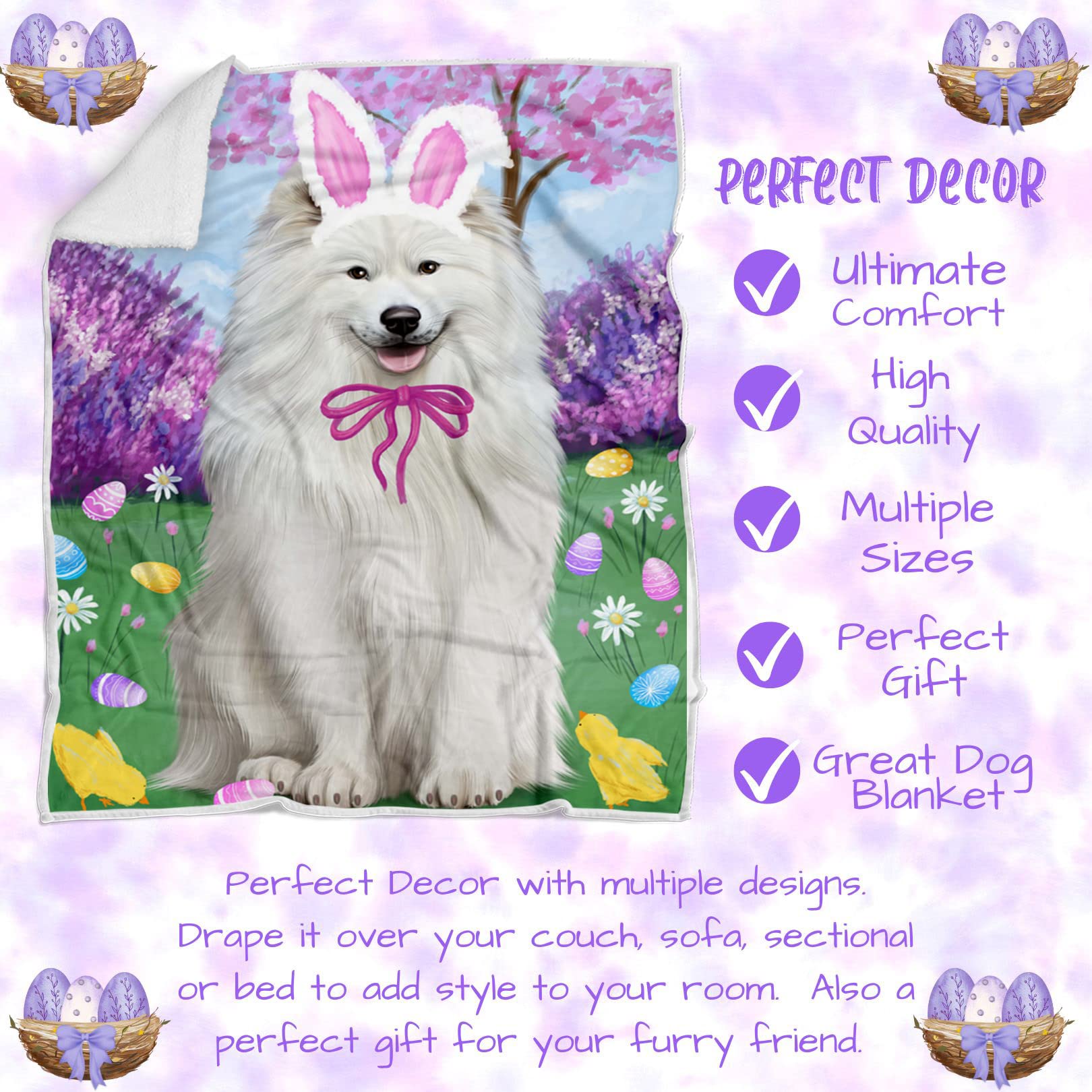 Samoyed Dog Blanket - Lightweight Soft Cozy Sherpa Throw for Easter Holiday - 50x60 Durable Pet Blanket for Sofa, Couch & Bed - Perfect for Gifts, Home Decor & Winter Snuggling
