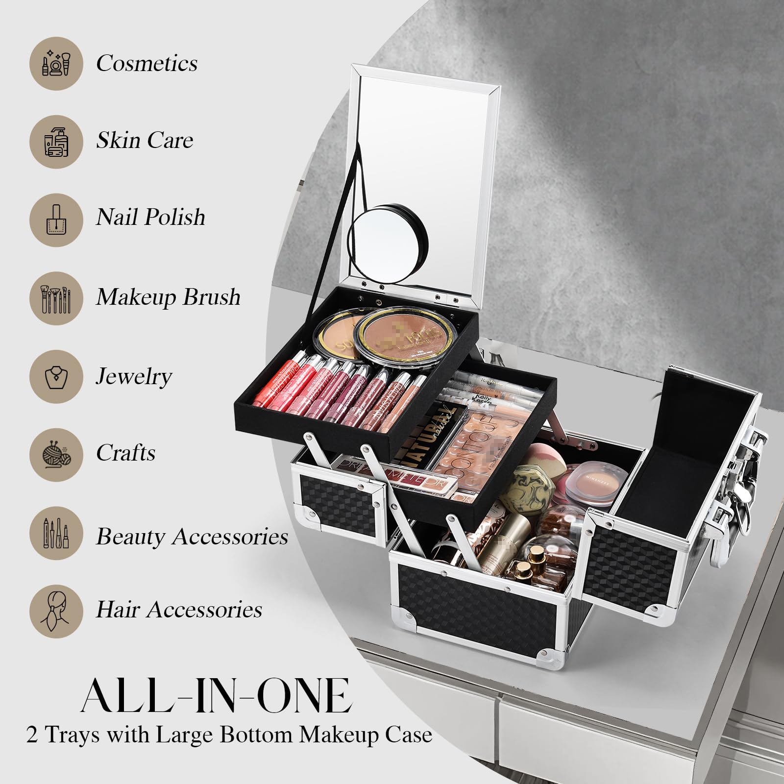 Joligrace Professional Makeup Train Case with 2 Trays & Key Lock - Portable Cosmetic & Jewelry Organizer with Mirror, Travel Storage Box (Modern Black) - Perfect for Travel, Salon, Home & Professional Makeup Artists
