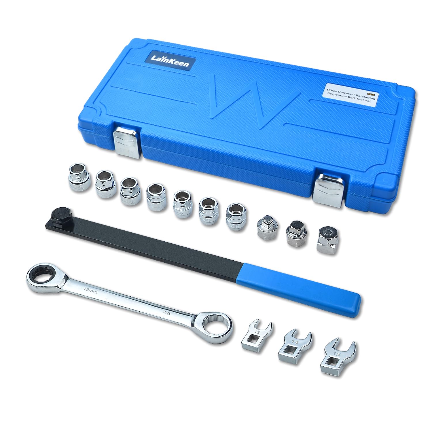 LainKeen 15-Piece Ratcheting Serpentine Belt Tool Set - Serpentine Belt Removal & Installation Kit with Reversible Ratchet Wrench, Socket Adapters, 6-Point Sockets & Crowfoot Wrenches - Perfect for Auto Repair, DIY Mechanics & Professional Garage Use