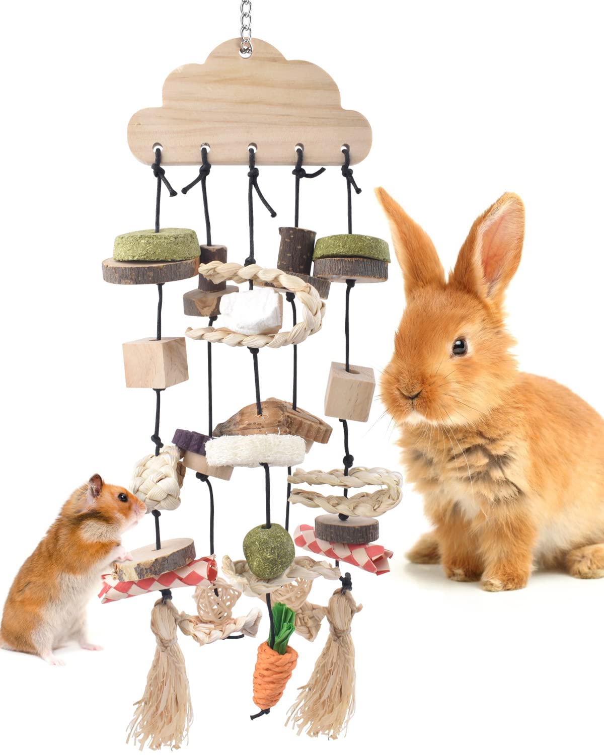 Rabbit Chew Toy with Snacks - Wooden Teeth Grinding Treat for Small Pets like Guinea Pigs & Hamsters - Cage Hanging Toy for Bunnies