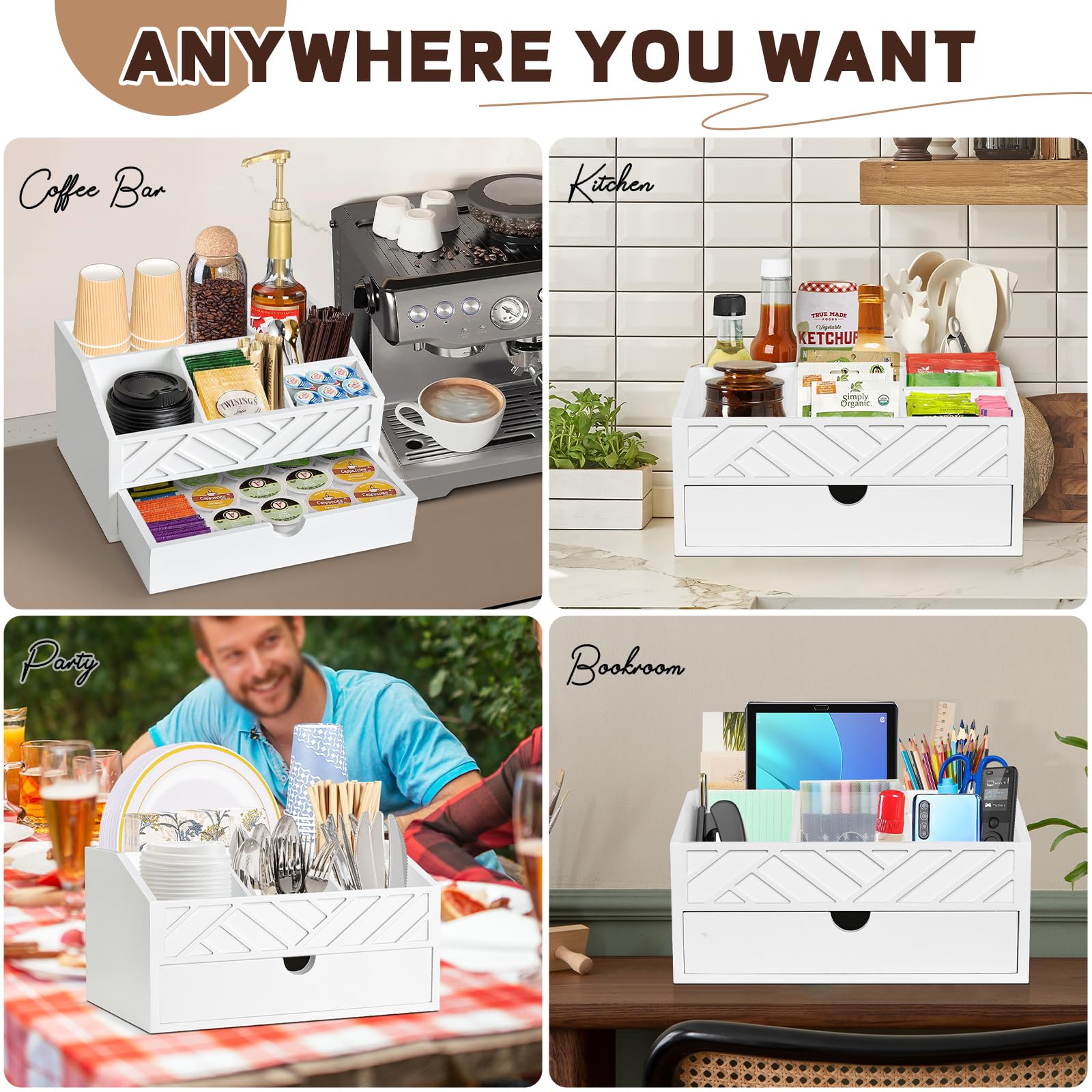 Wooden Coffee Bar Organizer with Drawer - Countertop Coffee Station Organizer for K-Cups, Spoons & Condiments - Farmhouse Style Coffee Accessories Holder for Home, Office & Kitchen Decor (White) - Perfect for Organizing Coffee Pods, Creamers & Sweeteners in Your Coffee Corner