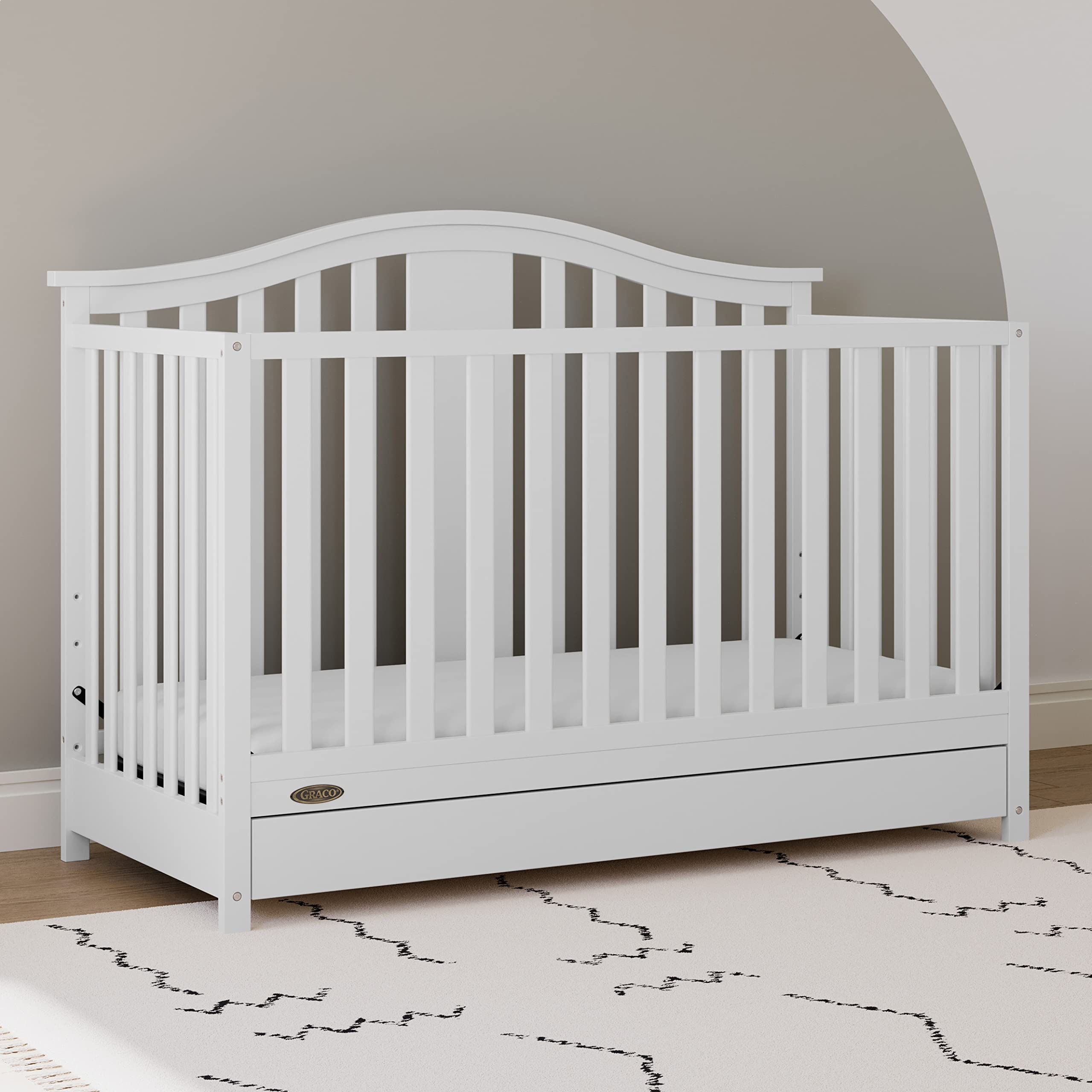 Graco Solano 4-in-1 Convertible Crib with Storage Drawer - GREENGUARD Gold Certified, White Nursery Furniture Converts to Toddler & Full-Size Bed | Safe Baby Crib for Nursery, Bedroom & Daycare Use