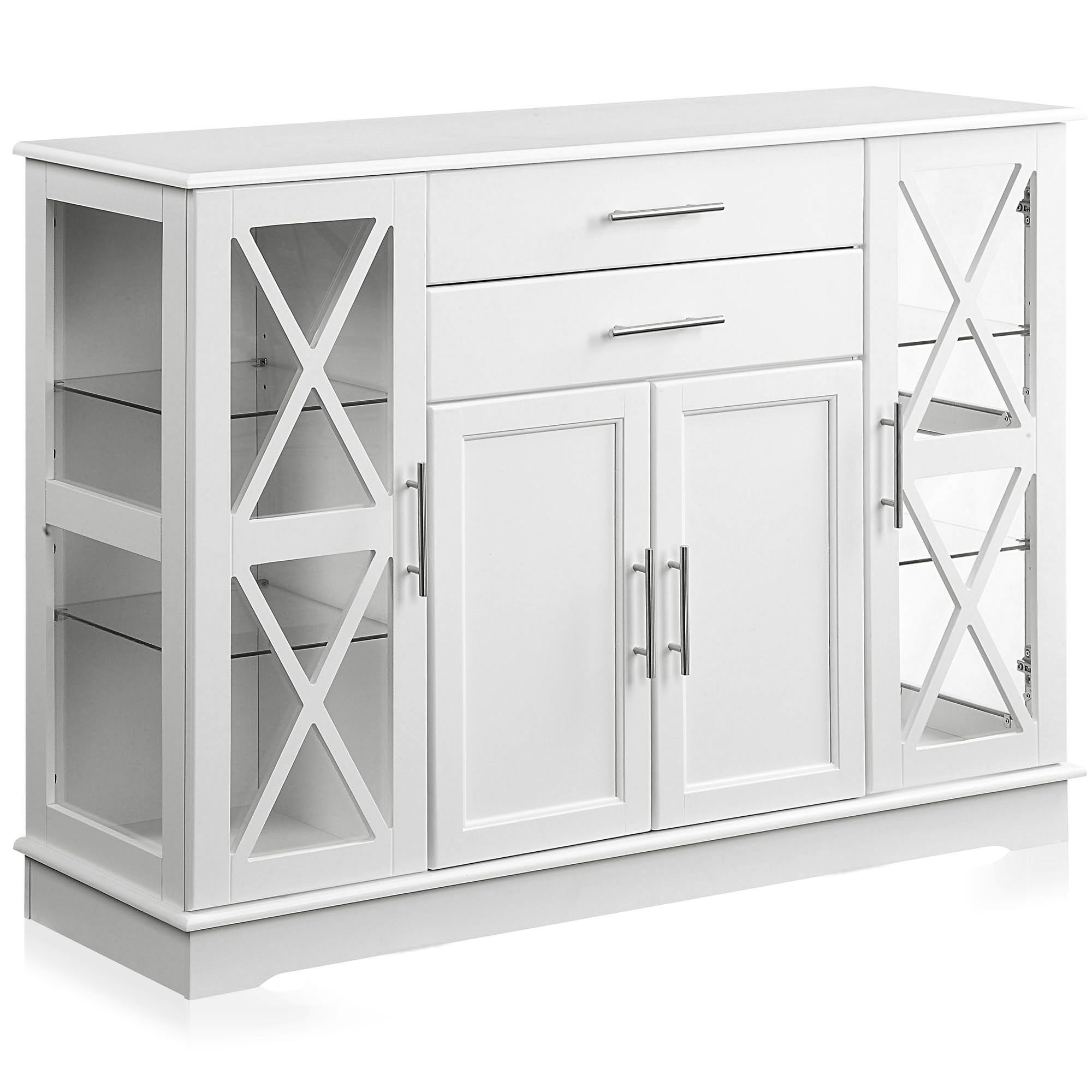 BELLEZE 47 Inch White Sideboard Buffet Cabinet - Storage Console Table, Coffee Bar, Kitchen Cupboard & Pantry Organizer with Glass Display Doors - Perfect for Living Room, Entryway & Dining Room Decor