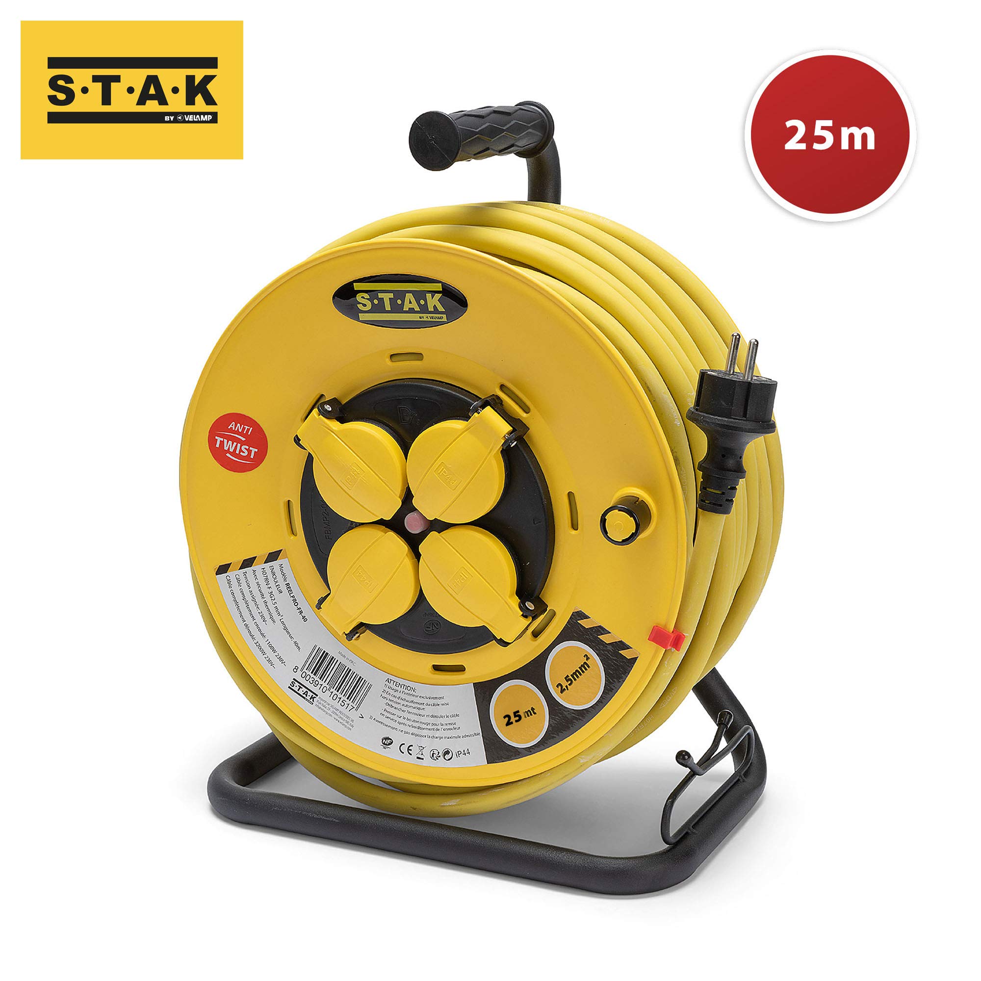 Stak REELPRO-FR-25 Professional Electric Cable Reel - 25m Waterproof IP44 Rubber Cord (3G2.5mm²) - Heavy Duty Construction & Garden Use - 4-Outlet Steel Frame with Yellow Housing - Perfect for Job Sites, DIY Projects & Outdoor Power Distribution