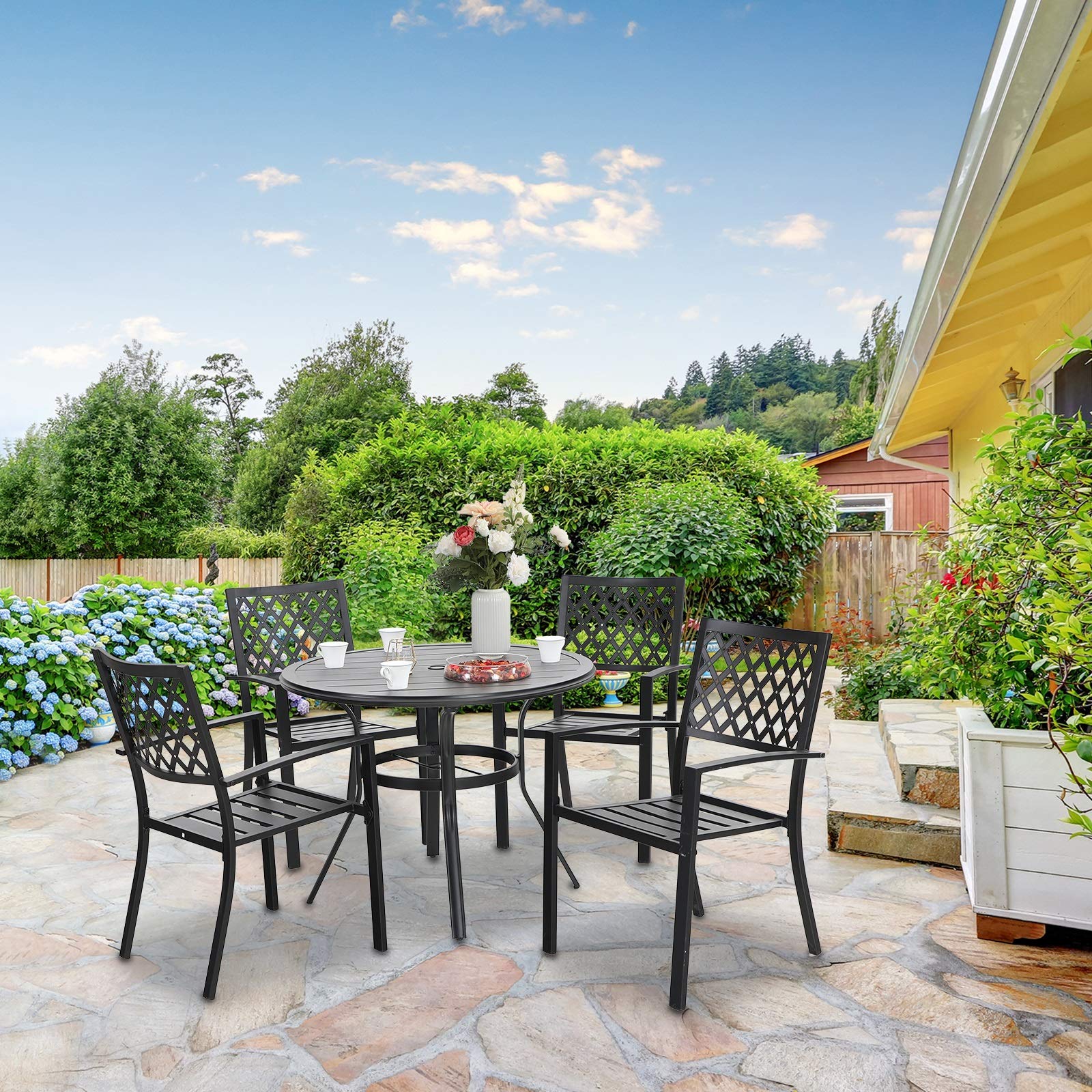 Sophia & William 5-Piece Black Outdoor Dining Set - Round Bistro Table with 4 Stackable Metal Chairs for Patio, Deck, Garden & Backyard | Weather-Resistant Outdoor Furniture for Entertaining & Relaxation