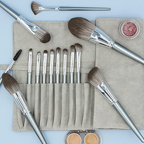 Roslet 14Pcs Professional Makeup Brush Set - Foundation, Blush, Contour, Concealer, Eyeshadow, Eyelash & Lip Brushes for Flawless Makeup Application | Perfect for Travel & Everyday Use (Gray)