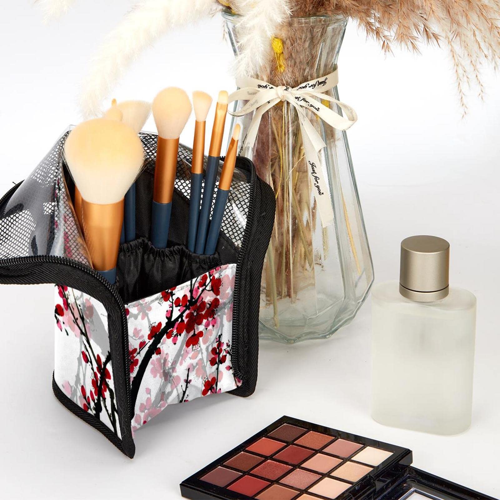 12-Piece Makeup Brush Organizer Bag with Flower Blossom Design - Portable Cosmetic Brush Holder Case for Travel & Home Storage