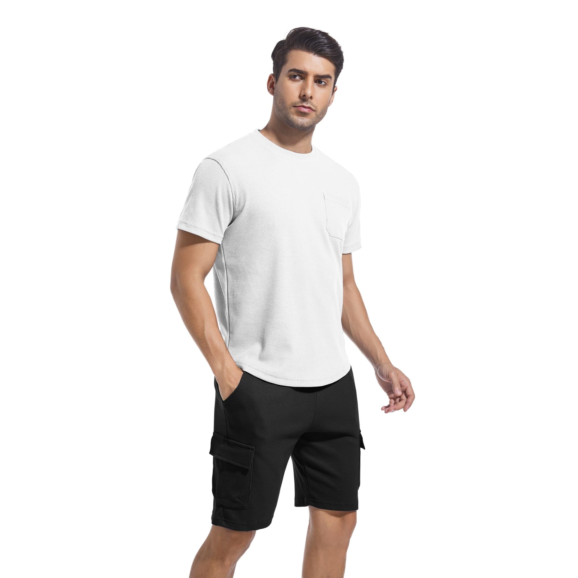 ANOTWENER Men's 2-Piece Summer Outfit - Soft Waffle Knit T-Shirt & Breathable Shorts Set for Beach Vacation, Pool Party & Casual Wear