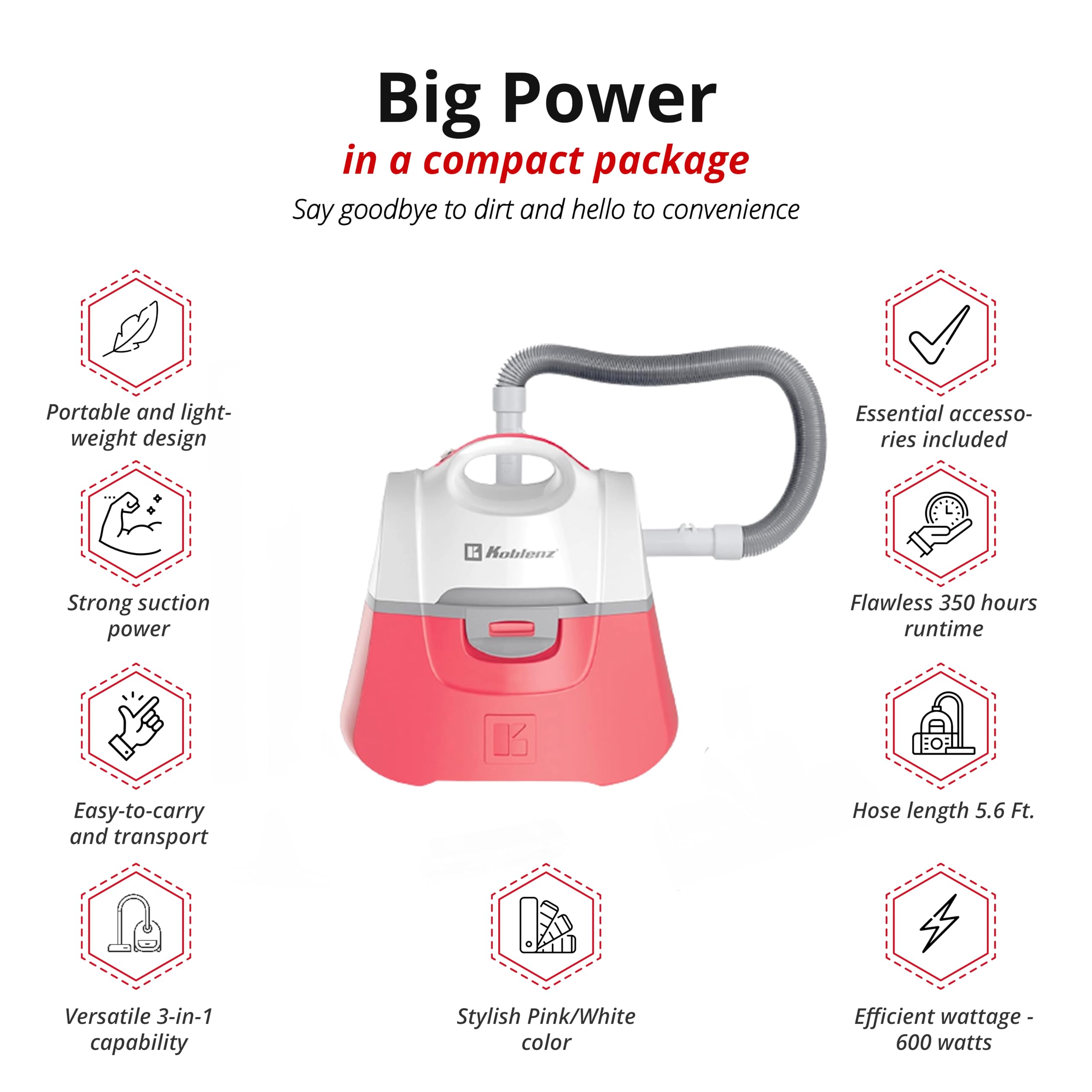 Koblenz PV-525KG5 3-Gallon 2.0 HP Wet Dry Vacuum Cleaner with Accessories - Portable 3-in-1 Shop Vac for Home, Garage & Car Cleaning - Pink