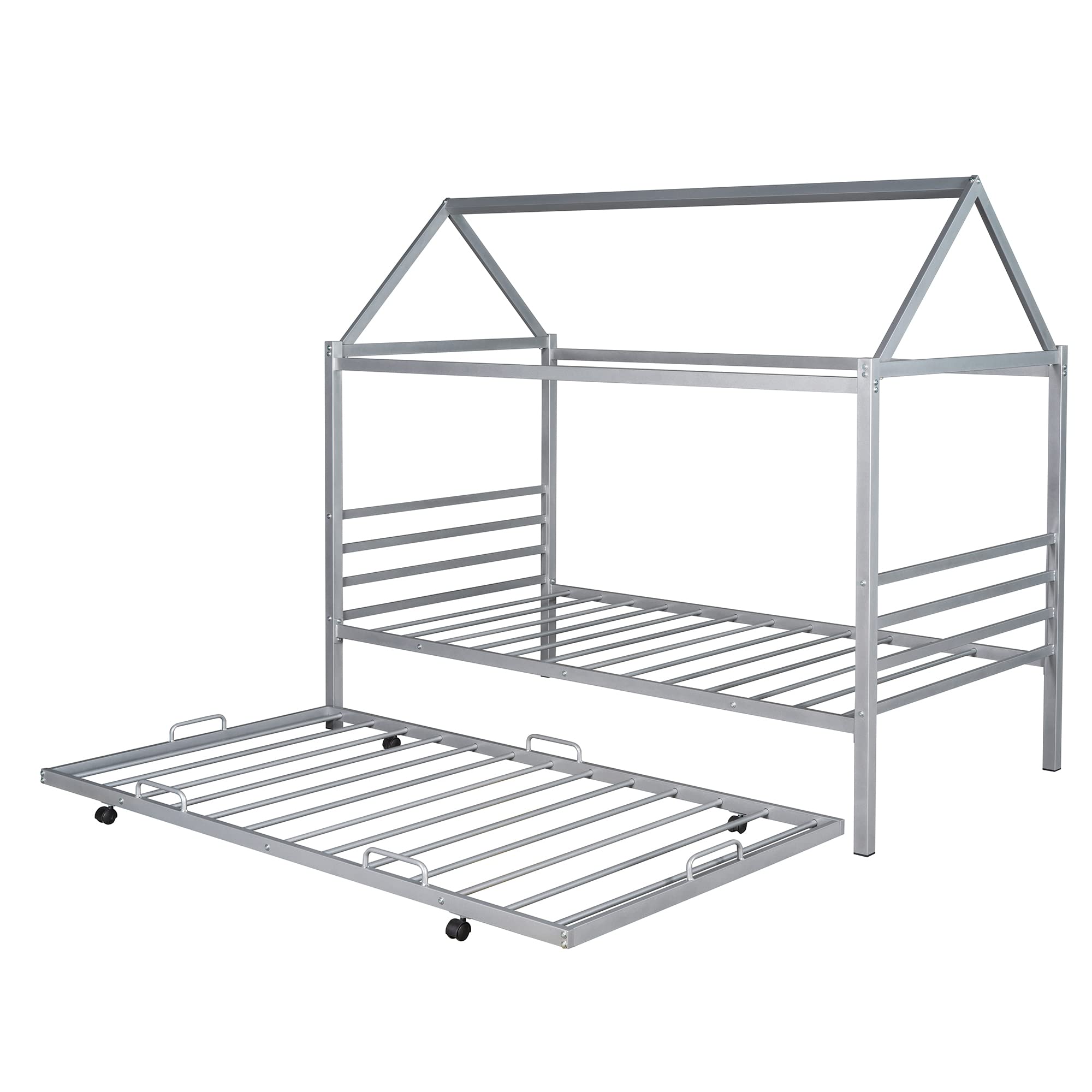 Twin Size Metal House Platform Bed with Trundle - Foldable Daybed Frame with Roof for Kids & Toddlers, Silver House-Shaped Bed with Play Tent Decorations - Perfect for Bedrooms, Playrooms & Sleepovers