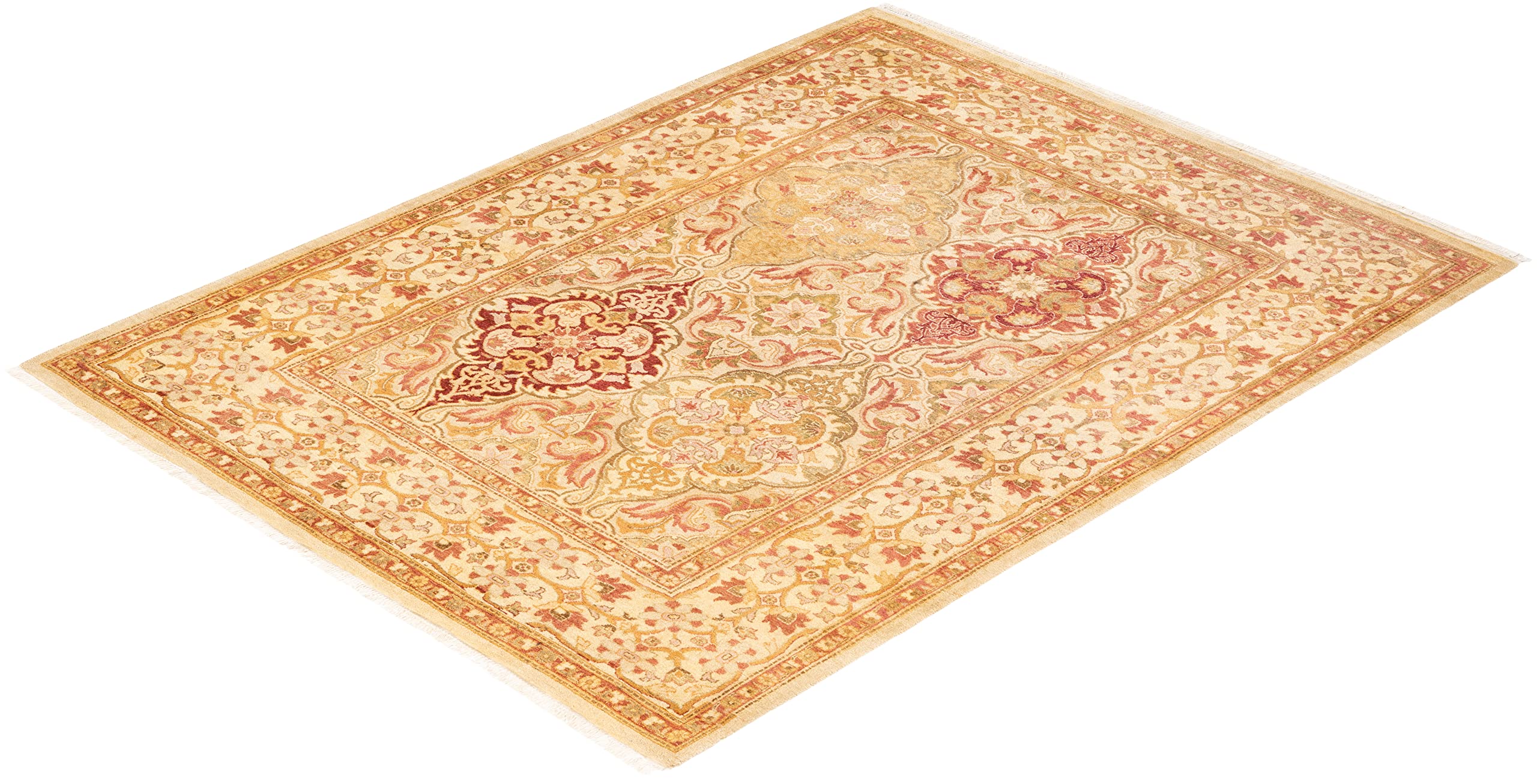 Handmade Traditional Oriental Mogul Ivory 4x6 Wool Area Rug - One of a Kind Hand Knotted Solo Rugs for Living Room, Bedroom & Home Decor