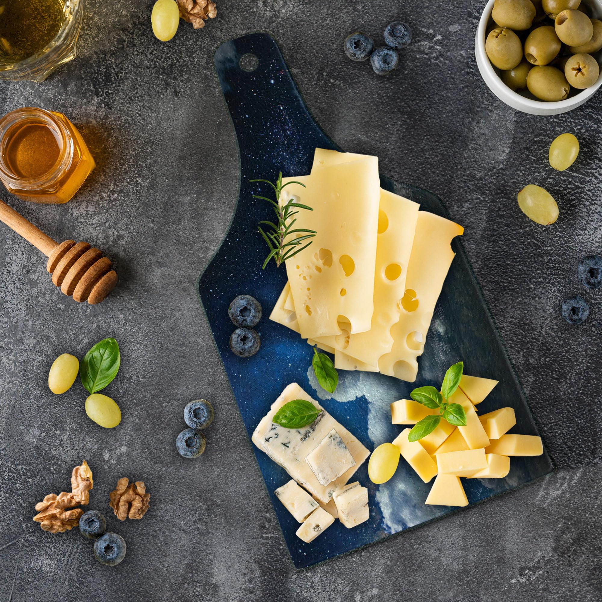 Ambesonne Celestial Solar Night Sky Cutting Board - Tempered Glass Serving Board with Stars, Moon, and Clouds Design - Dark Blue & White Wine Bottle Shape - Perfect for Entertaining, Kitchen Decor, and Gift Giving