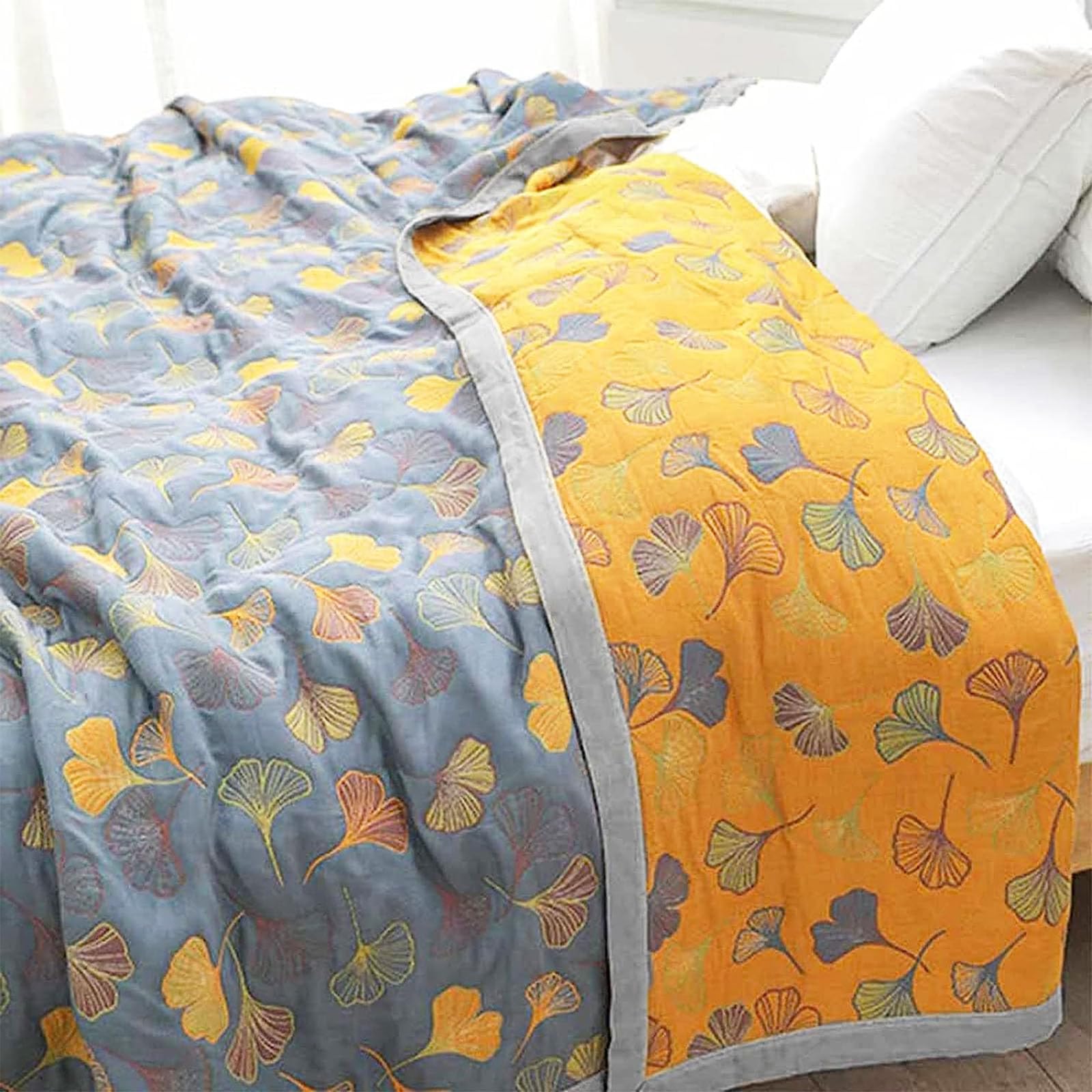 Soft Cotton Ginkgo Leaf Pattern Quilt - Lightweight & Breathable Coverlet for Sofa or Bed - Queen & King Size (90
