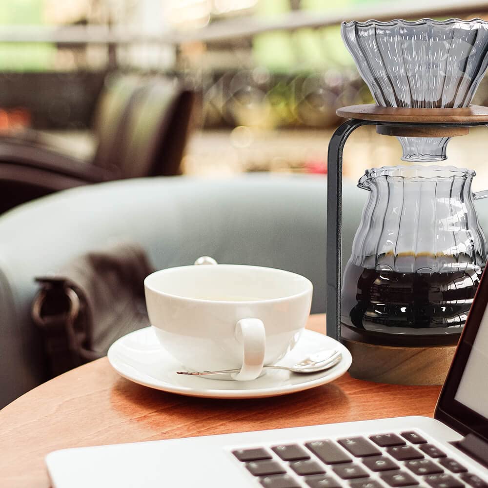 Premium Wooden Pour Over Coffee Stand Set - Glass Server, Dripper & Paper Filters for Perfect Coffee & Tea Brewing | Ideal for Home, Office & Cafe Use