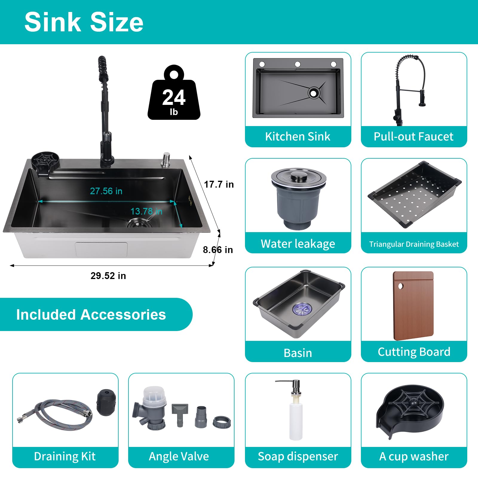 29.5 x 17.7 Inch Single Bowl Stainless Steel Kitchen Sink - Drop-In Design with Pull-Down Faucet & Accessories (Black Grey) - Perfect for Modern Kitchens, Small Spaces & DIY Home Renovations
