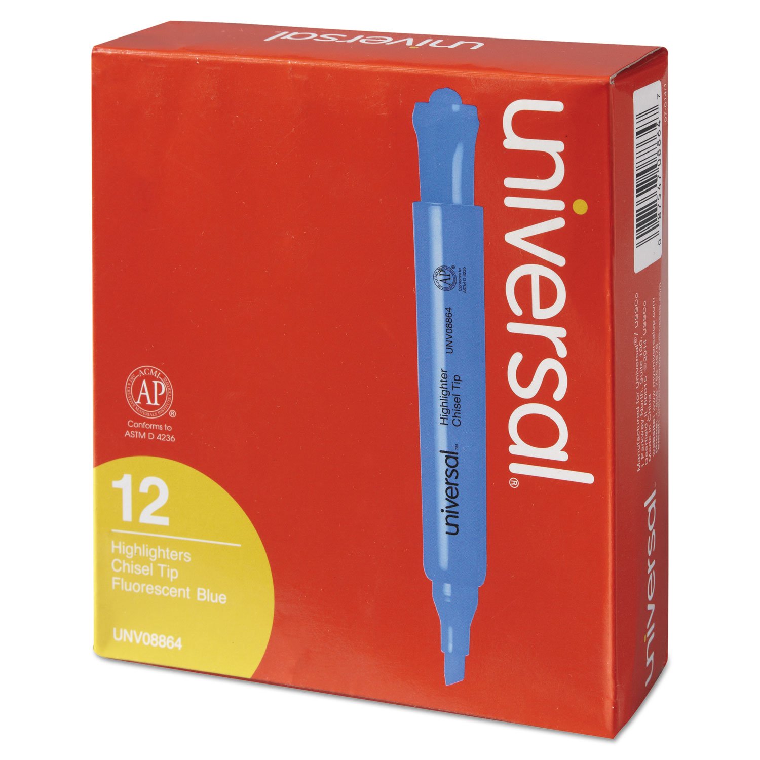 Universal Desk Highlighters - Fluorescent Blue Ink, Chisel Tip, Blue Barrel (Pack of 12) - Perfect for Office, School & Study Notes Organization
