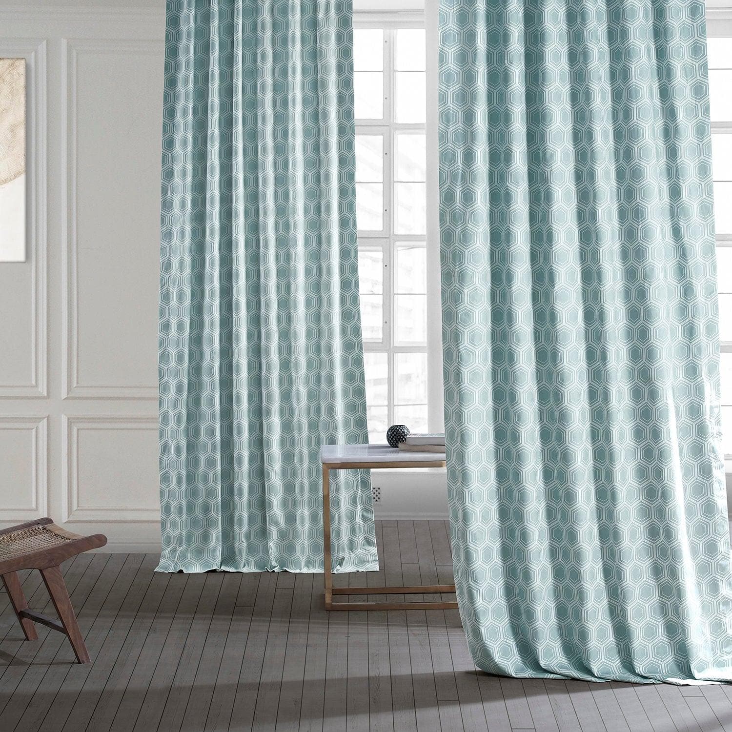 Honeycomb Ripple Aqua Geometric Printed Blackout Curtains for Bedroom & Living Room - Soundproof Thermal Insulated Window Drapes for Home Decor
