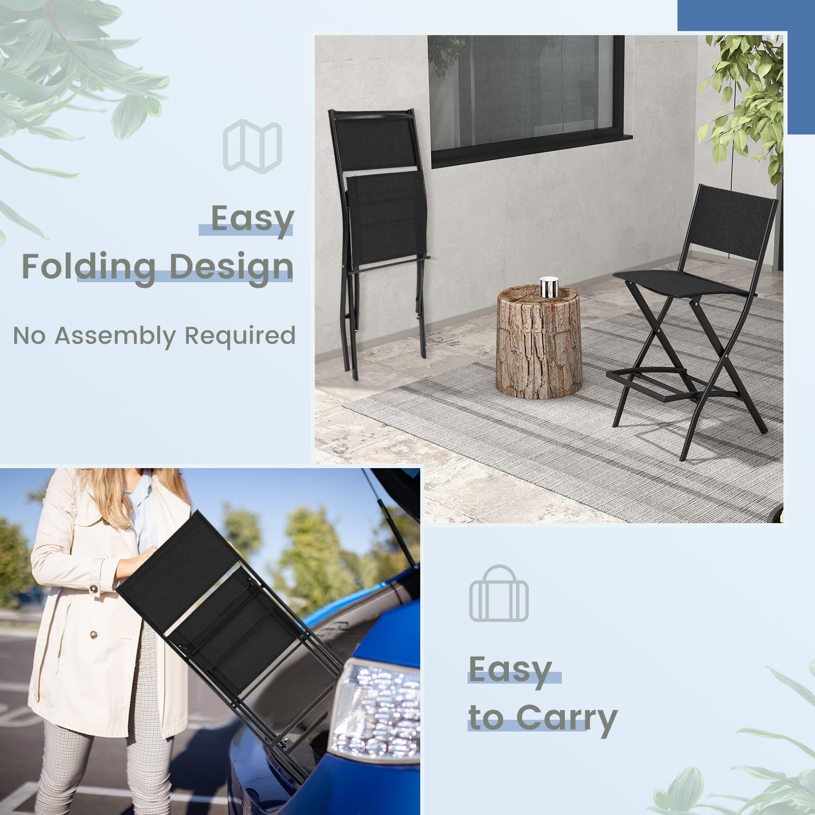 **Tangkula 2-Pack Outdoor Bar Stools - Counter Height Folding Bar Chairs with Backrest & Footrest, Heavy-Duty Metal Frame & Breathable Fabric - Perfect for Patio, Deck, Garden, or Indoor Dining (Black)**