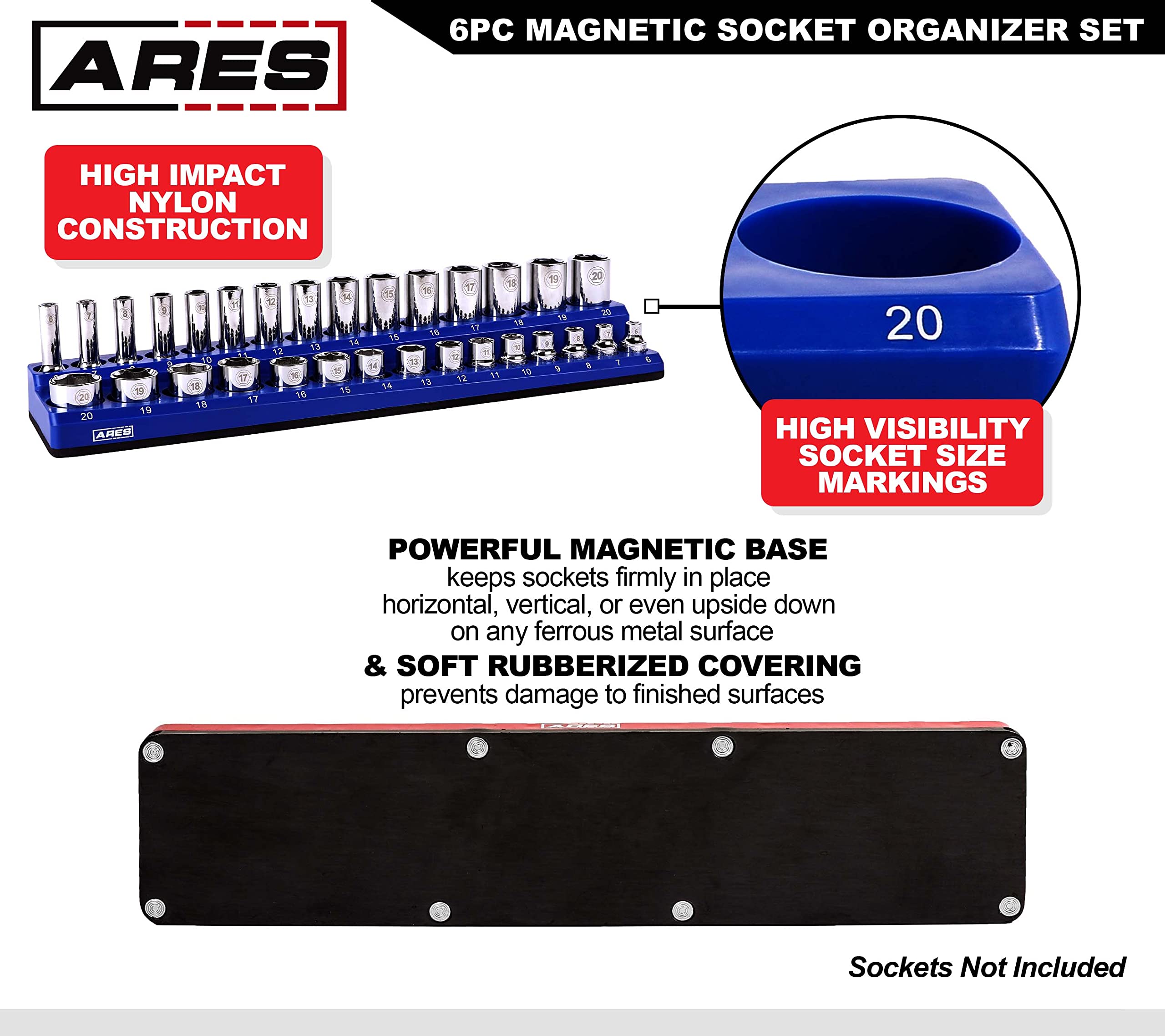 ARES 60058 6-Piece Magnetic Socket Organizer Set - Metric & SAE Socket Holders (1/4