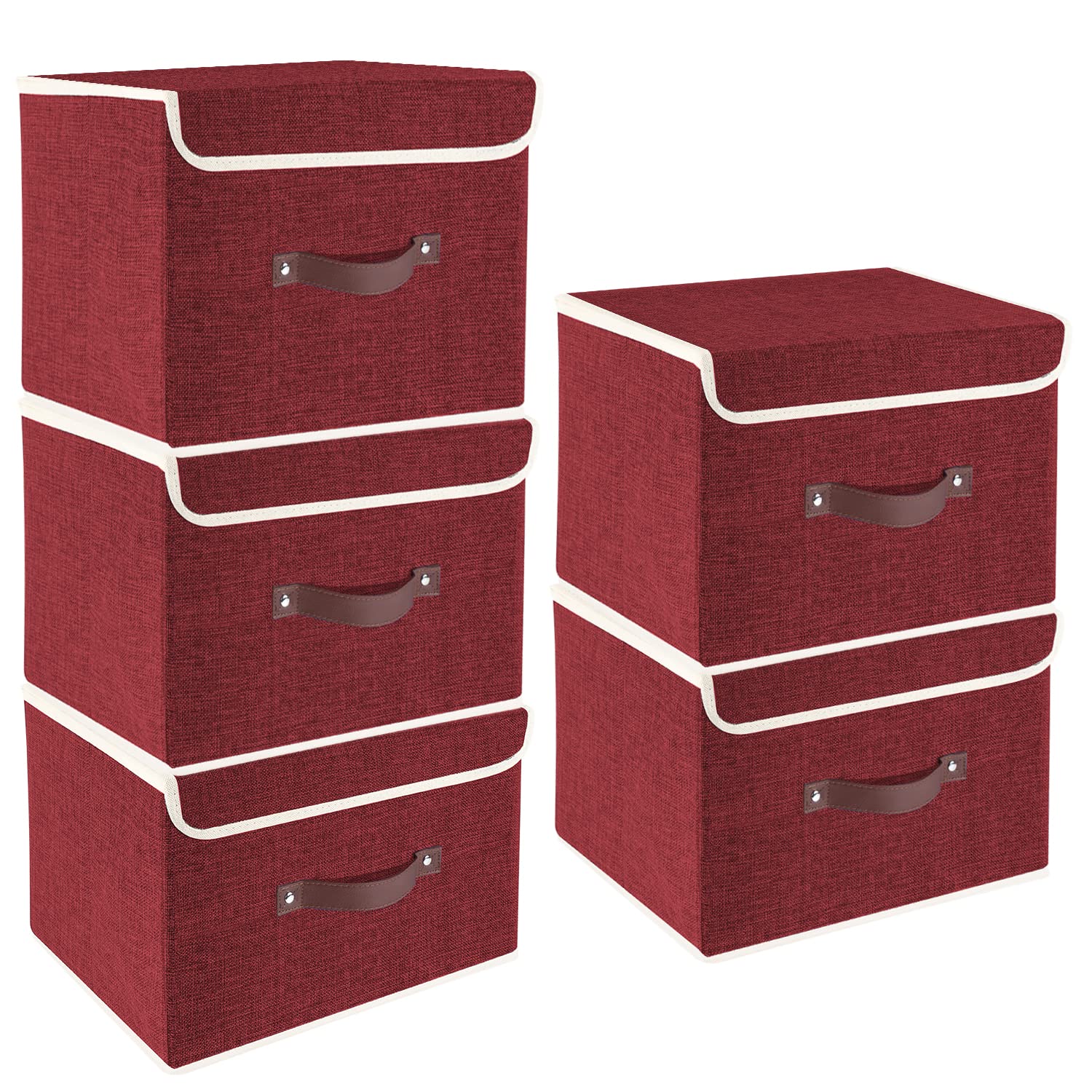 TYEERS 5-Pack Foldable Fabric Storage Bins with Lids - Closet, Office & Toy Organizer - Red Wine