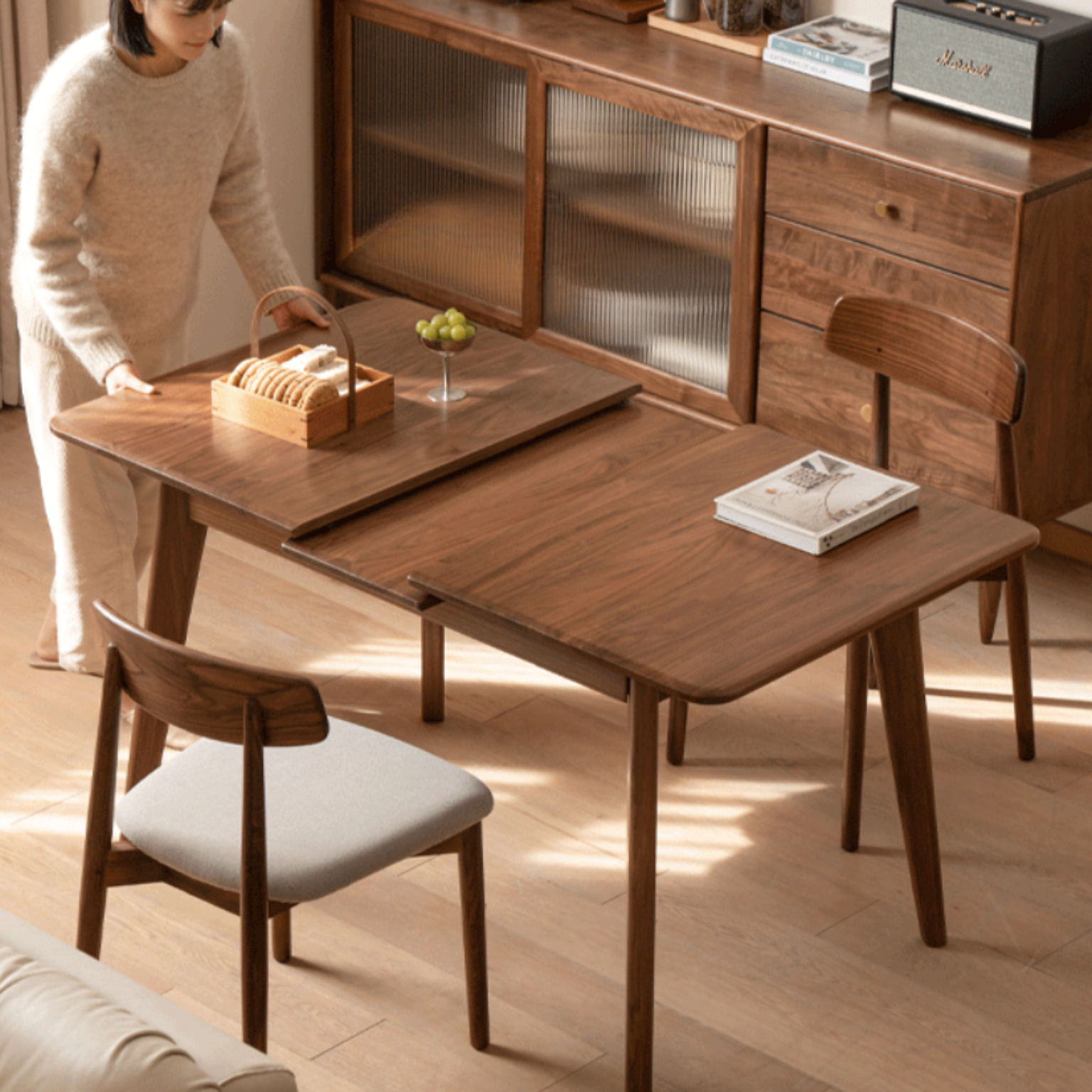 Solid Black Walnut Extendable Dining Table - Expandable Wooden Table for Small Spaces | Perfect for Family Dinners, Entertaining Guests & Space-Saving Home Decor