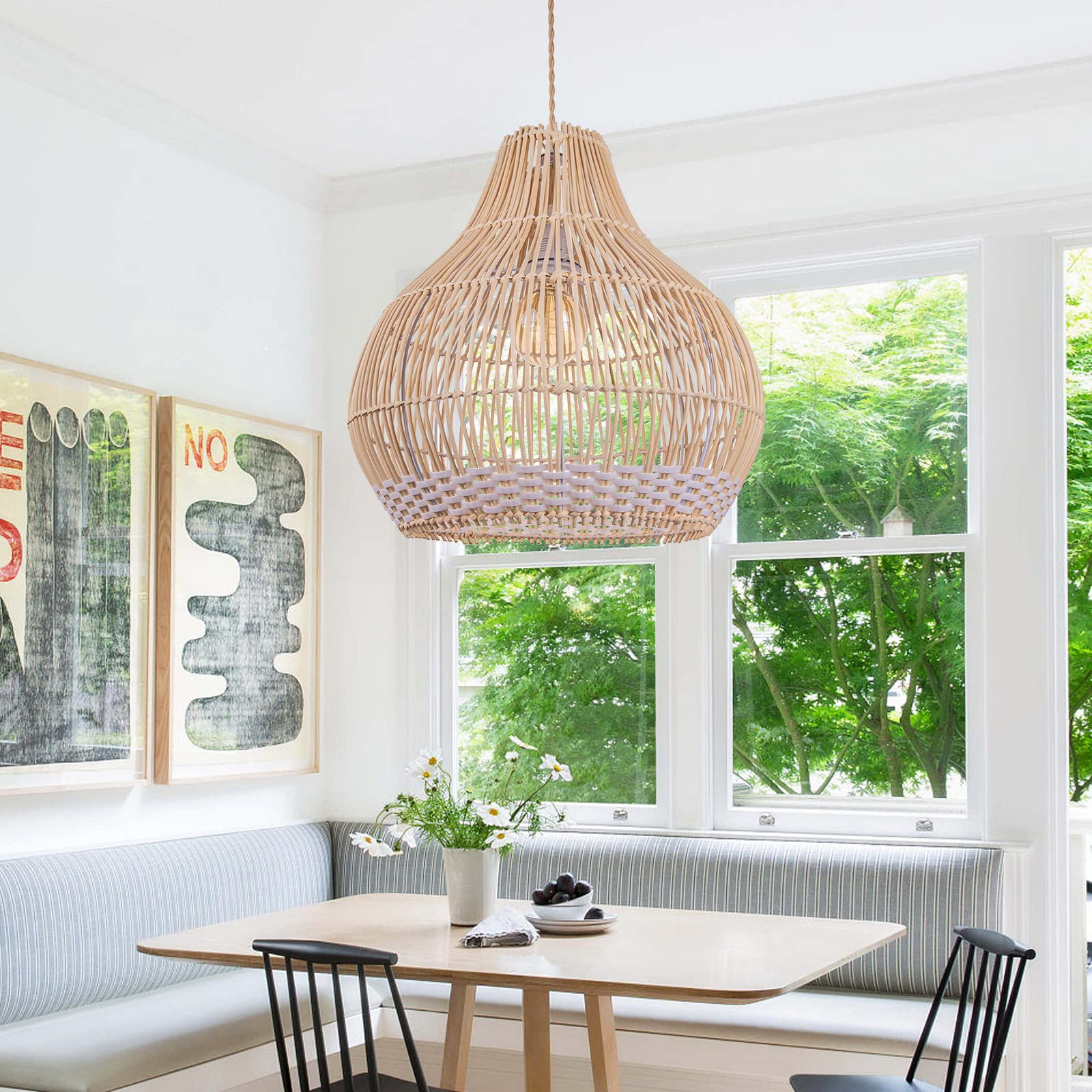 Arturesthome Coastal Rattan Pendant Light - Handmade Woven Wicker Chandelier for Kitchen Island, Living Room & Bedroom - White Round Ceiling Lamp with Natural Texture - Perfect for Farmhouse, Boho & Coastal Decor Styles