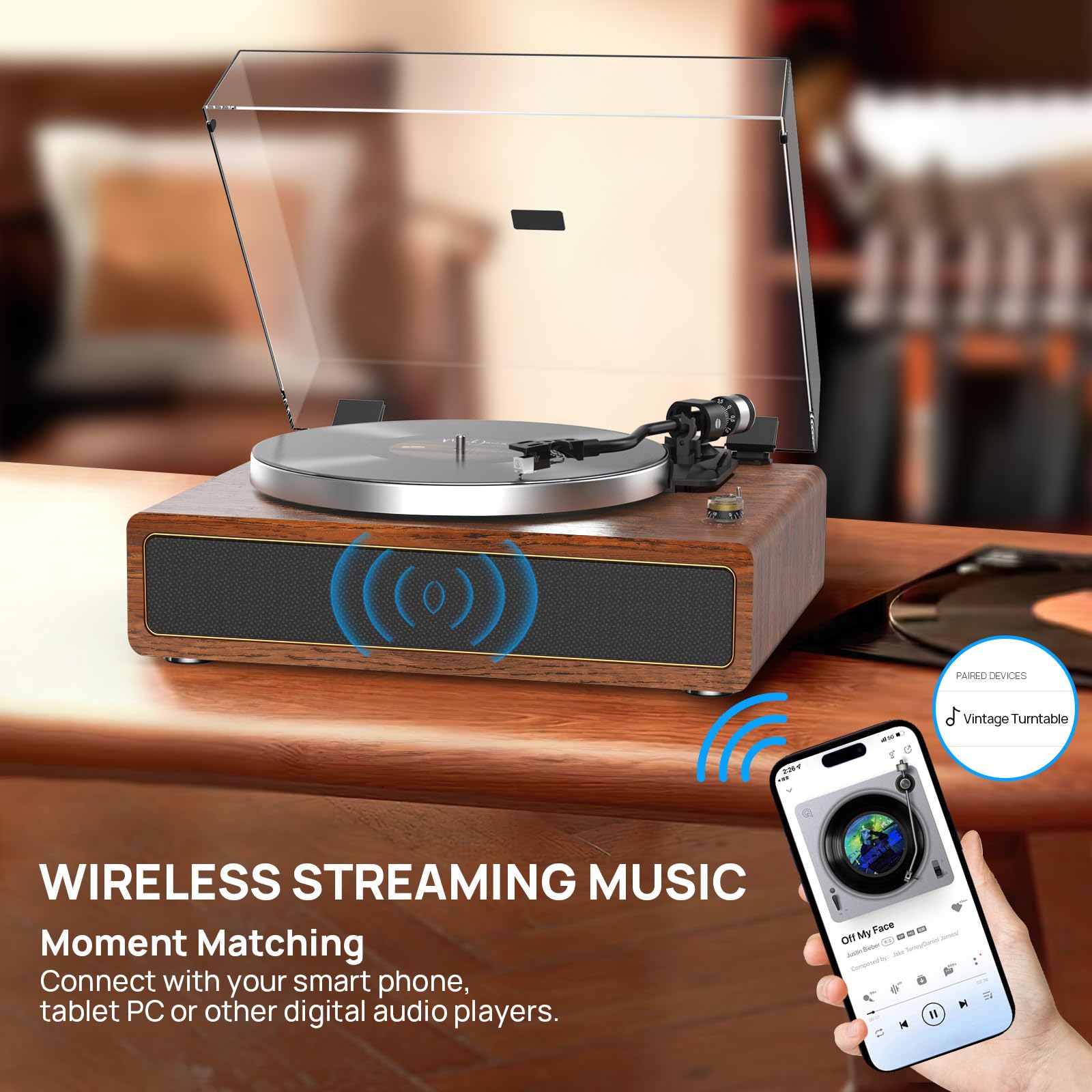 Wireless Bluetooth Turntable with Built-in Speakers - Belt Drive Vinyl Record Player with Auto Stop, 33/45 RPM Speed, RCA & AUX Output - Perfect for Home Entertainment & Vinyl Enthusiasts