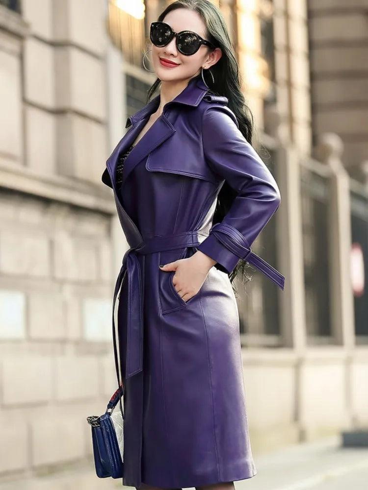 Luxury Women's Genuine Sheepskin Leather Trench Coat - Slim Fit White Belted Windbreaker for Fall & Winter | Office Wear, Business Attire, Formal Outerwear