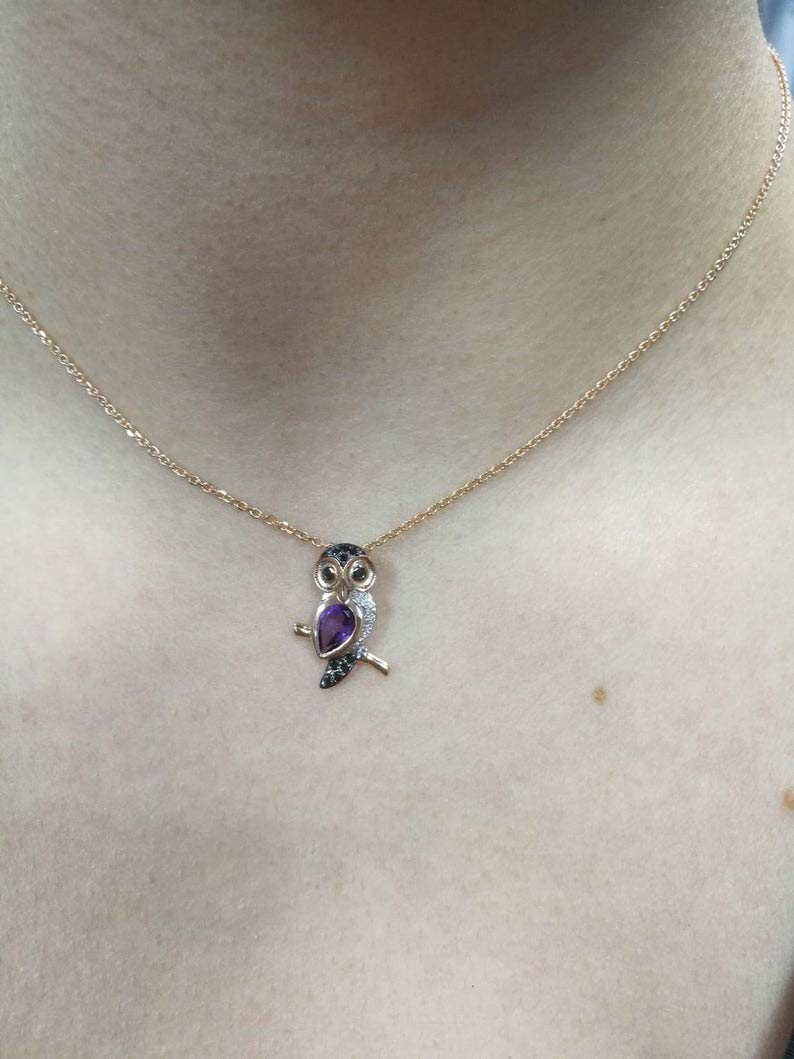 925 Sterling Silver Rose Gold Plated Owl Pendant Necklace with 0.79ct Black Diamond & Amethyst - Elegant Jewelry Gift for Women, Perfect for Birthday, Anniversary & Special Occasions