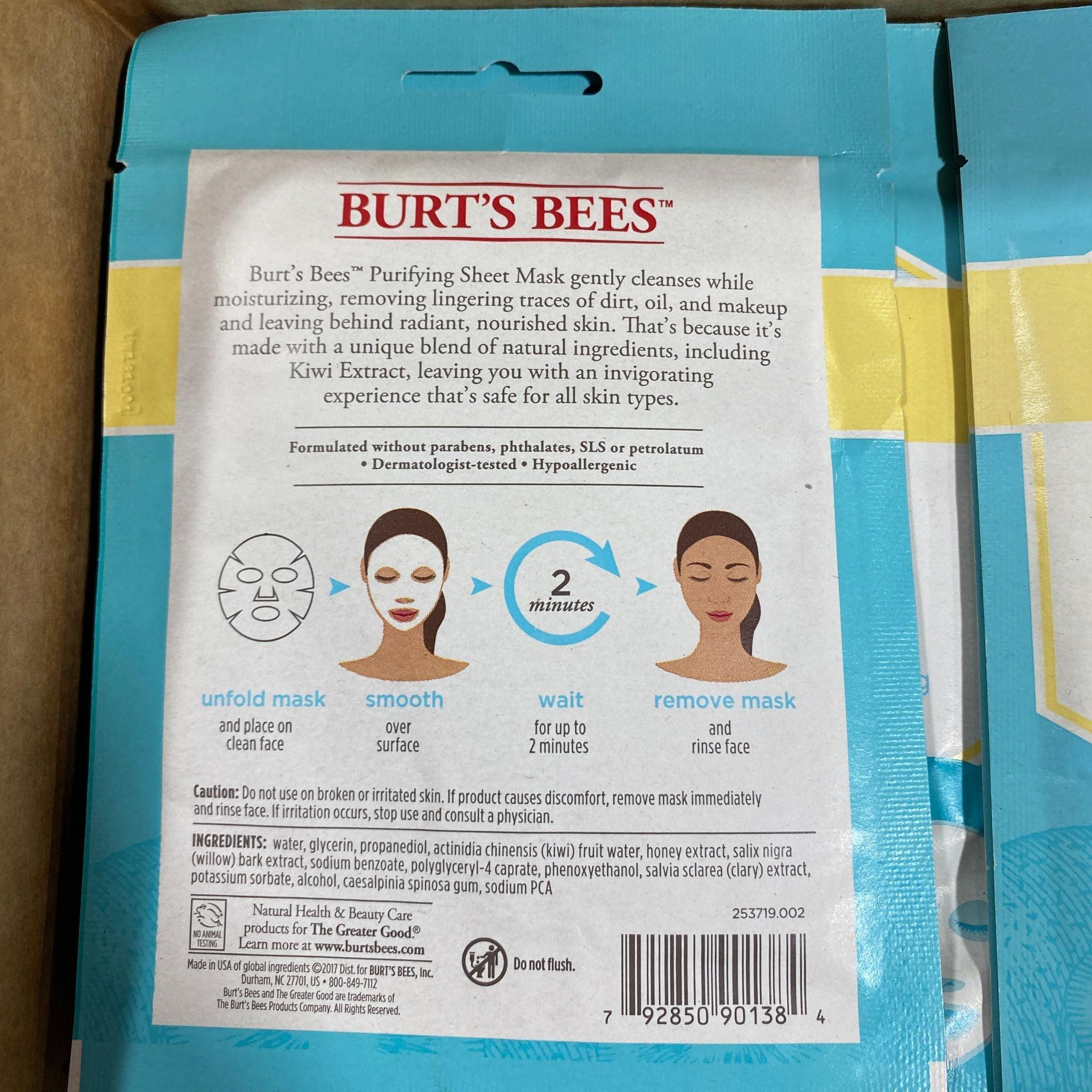 Burt's Bees Purifying Sheet Mask with Kiwi Extract - 96 Pcs Box | Deep Cleansing & Hydrating Facial Mask for Glowing Skin | 99% Natural Ingredients | Perfect for Daily Skincare Routine & Spa Nights