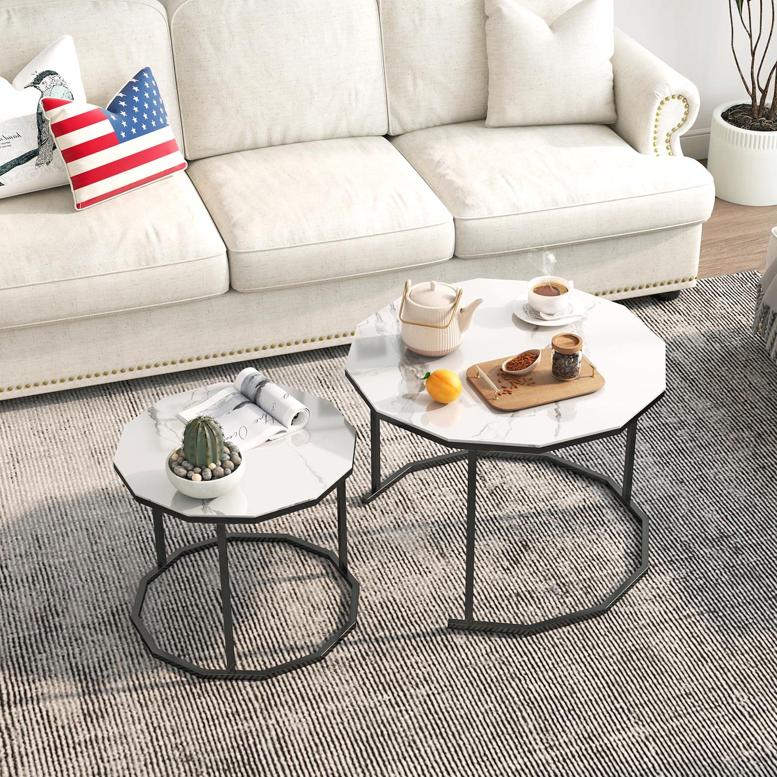 Modern Nesting Coffee Table Set of 2 - Adjustable Feet, 12-Gon Shape Metal Frame with Artificial Marble Top - White & Black Living Room, Bedroom, Apartment Furniture - Perfect for Small Spaces, Home Decor & Entertaining Guests