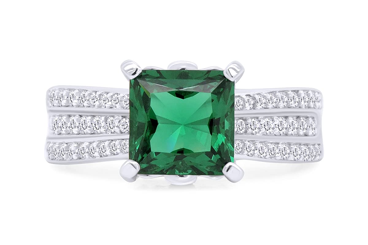 14K Gold Plated 925 Sterling Silver Simulated Emerald & Diamond Cluster Engagement Ring for Women - Perfect for Proposals, Anniversaries & Special Occasions