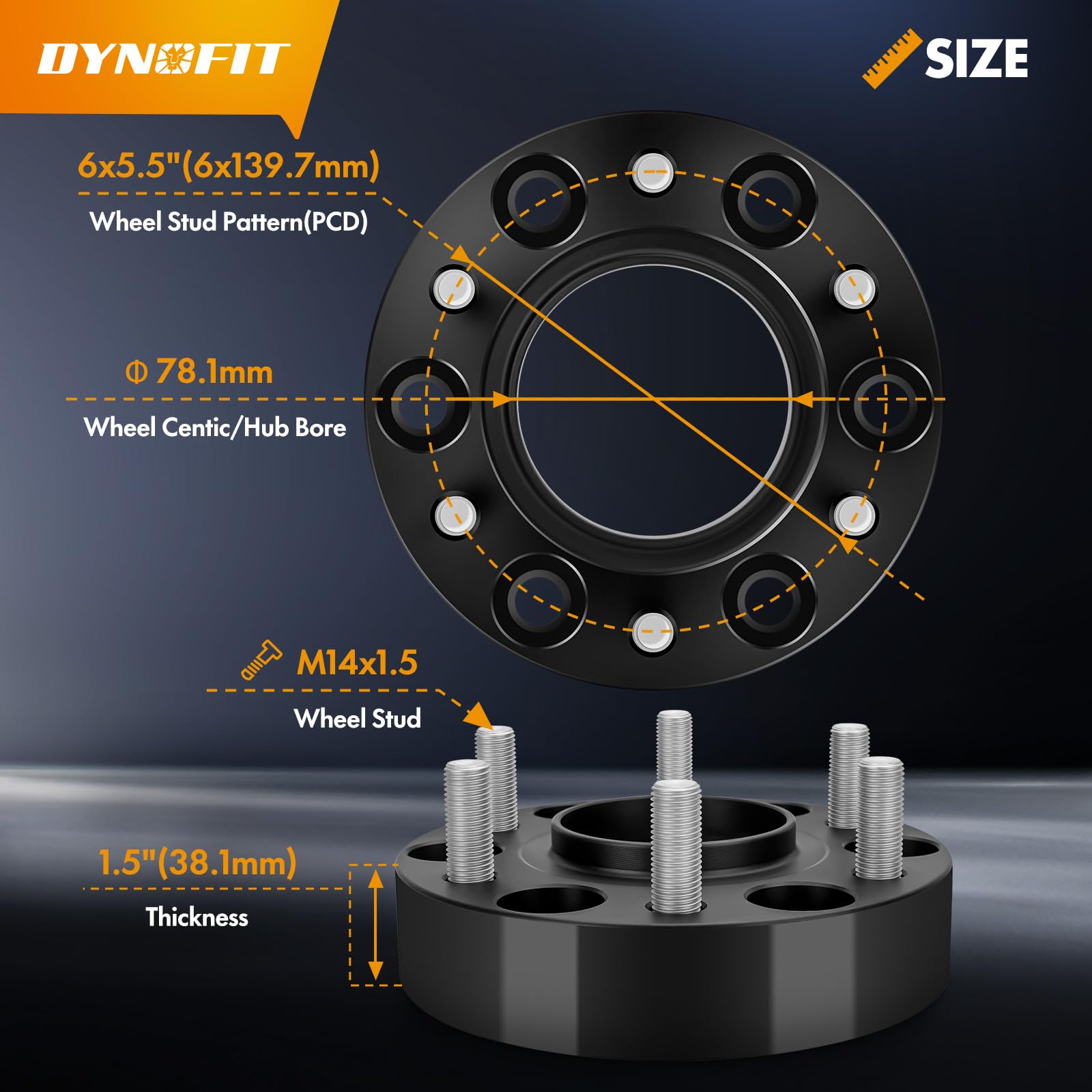 Dynofit 1.5 Inch 6x5.5 Wheel Spacers (4pcs) - Hubcentric Forged Spacers 6x139.7 M14x1.5 Studs 78.1mm Bore for Chevy Silverado, GMC Sierra 1500, Yukon XL, Avalanche, Tahoe, Escalade, K1500, Suburban - Perfect for Off-Roading, Lifted Trucks & Custom Wheel Fitment