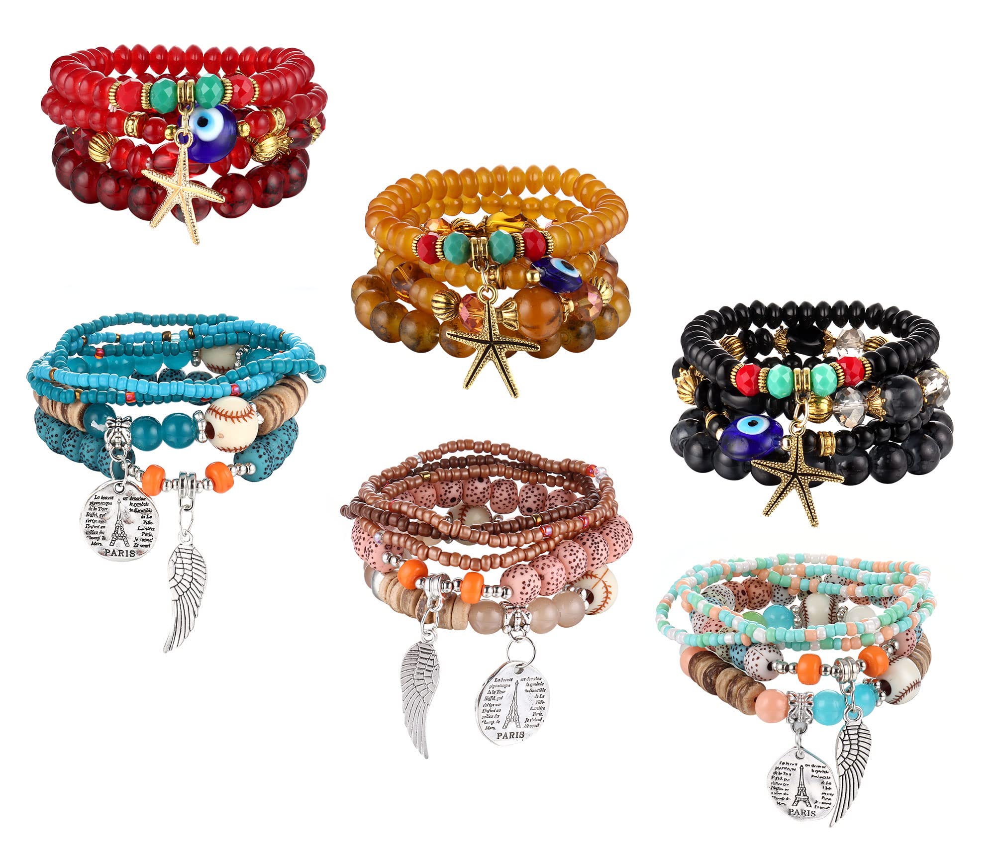 Bohemian Stackable Bead Bracelets for Women & Men - 6 Sets Stretch Multi-Layered Bracelets in Vibrant Colors | Perfect for Festival, Beach, Yoga & Everyday Boho Jewelry