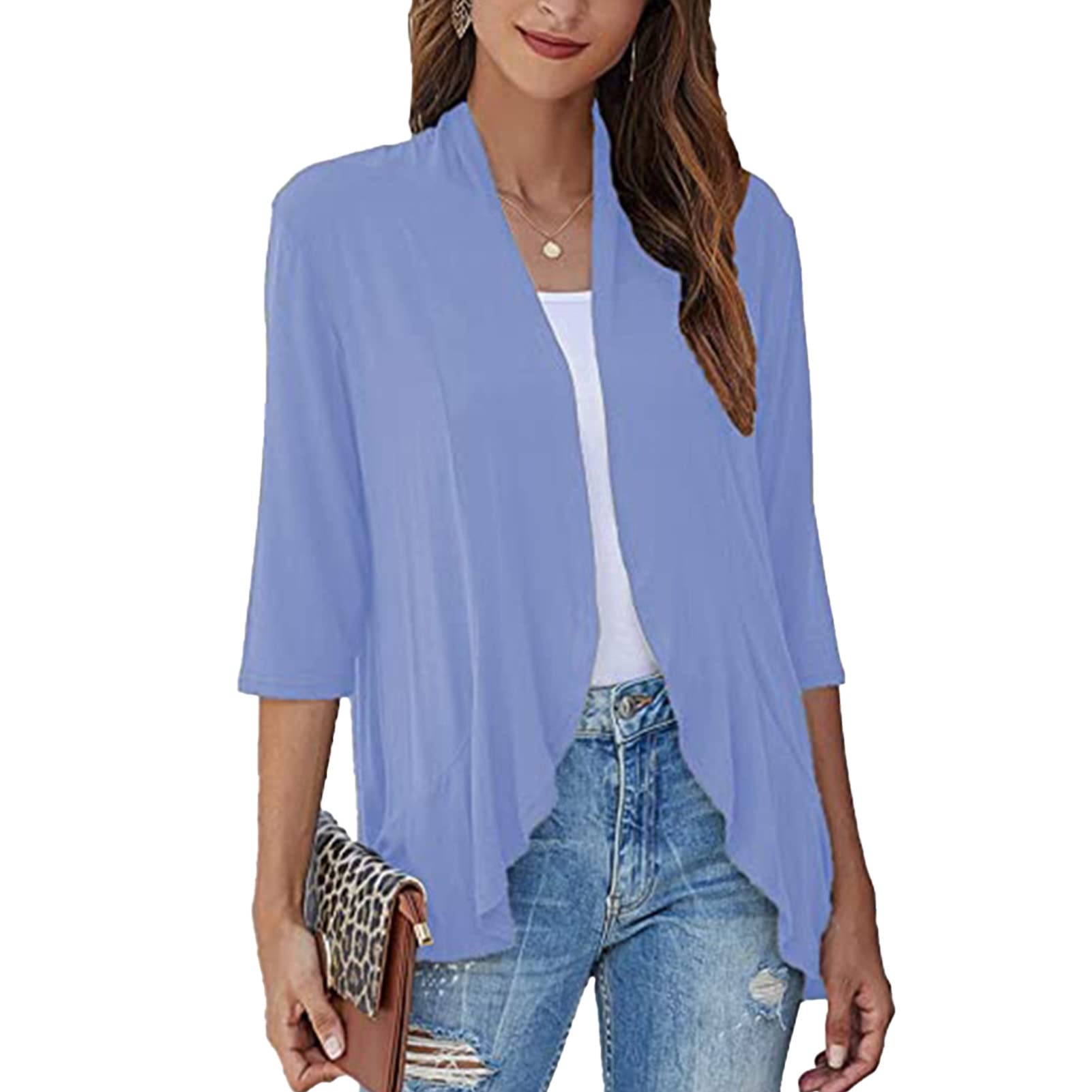 Women's Casual Draped Ruffles Cardigan - Asymmetric Hem 3/4 Sleeve Open Front Sweater for Office Work | Perfect for Layering, Business Attire & Everyday Wear