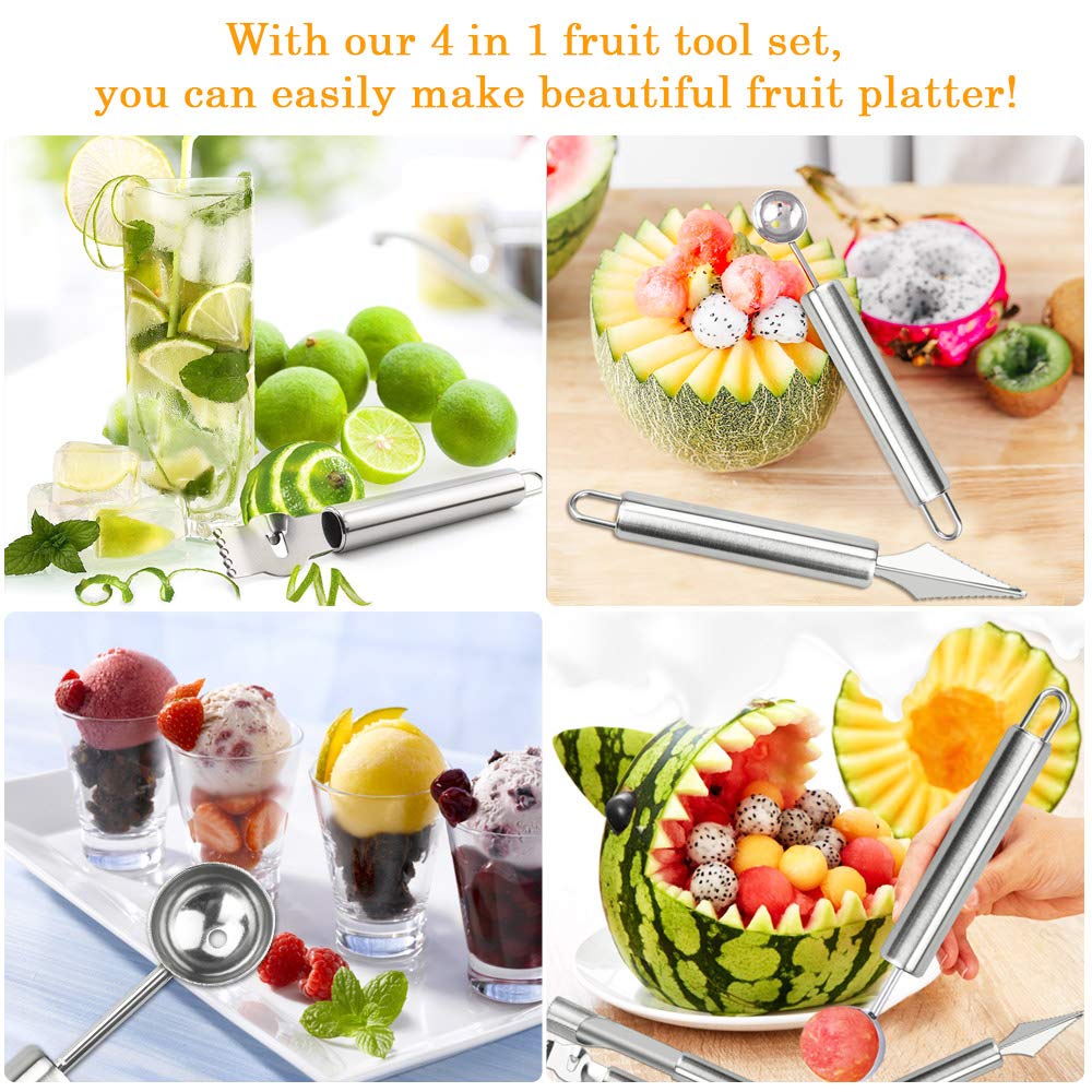 CODIRATO 4-Piece Stainless Steel Fruit Carving Tool Set - Watermelon Baller, Peeler & Seed Remover | Multi-Functional Kitchen Utensils for Fruit Cutting, Decorating & Serving | Perfect for Parties, Salads & Food Presentation