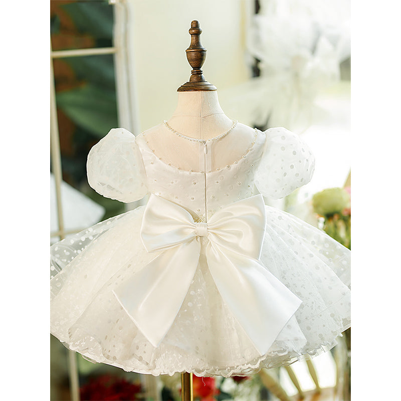 Sparkling White Sequin Tulle Princess Flower Girl Dress with Beaded Bow - Perfect for Weddings, Pageants & Special Occasions