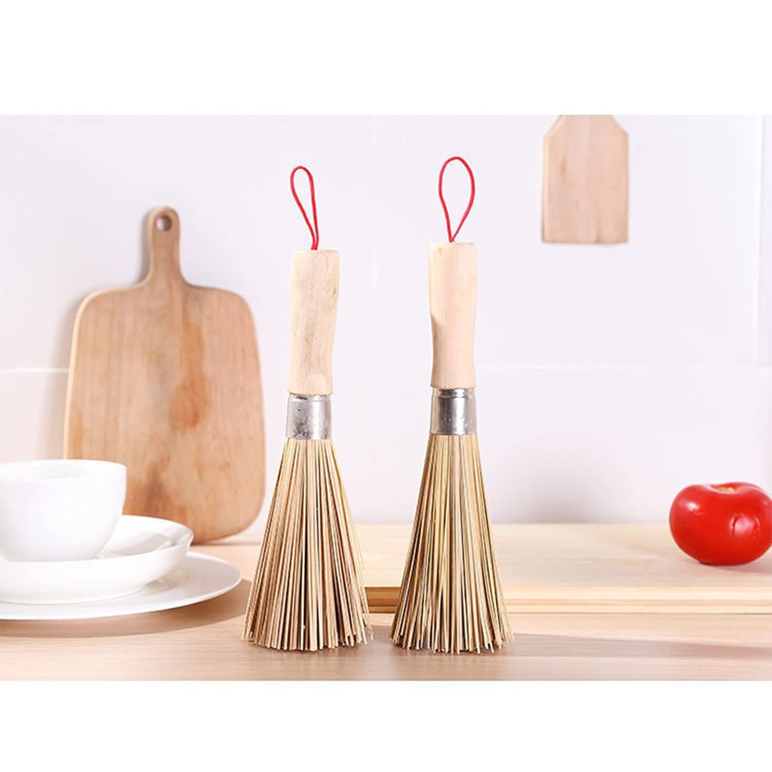 2-Pack Natural Bamboo Wok Brushes - Eco-Friendly Kitchen Cleaning Brush for Pots, Pans, Dishes & Vegetables | Perfect for Cast Iron Cookware, Stainless Steel Sinks & Daily Kitchen Cleaning