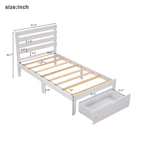 White Wooden Twin Bed Frame with Headboard, Footboard & Storage Drawers - Sturdy Platform Bed Mattress Foundation for Kids, Teens & Guest Rooms