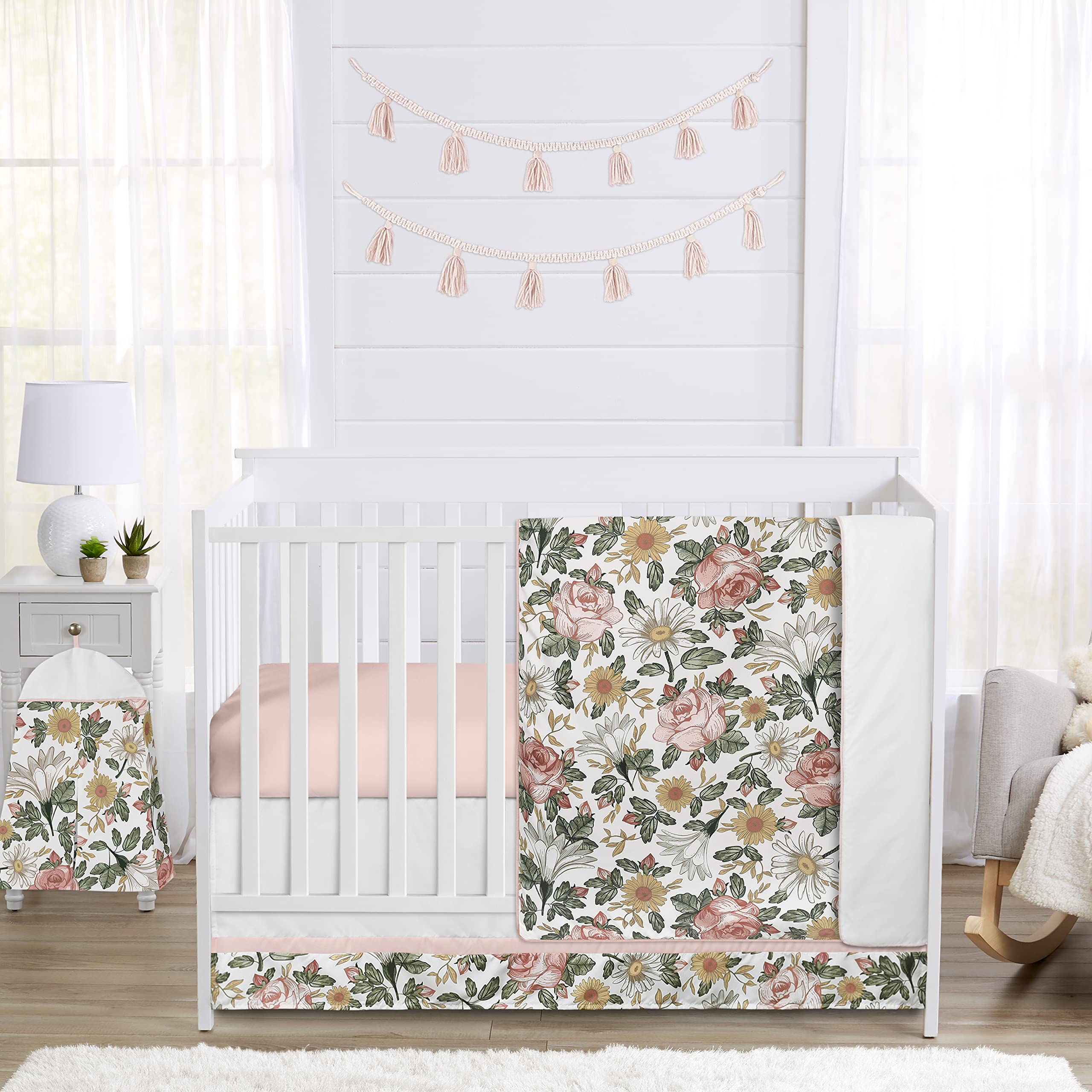 Sweet Jojo Designs 4-Piece Baby Crib Bedding Set - Boho Vintage Floral Nursery Collection for Girls (Blanket, Fitted Sheet, Skirt, Diaper Stacker) | Shabby Chic Rose & Daisy Print | Perfect for Bohemian & Farmhouse Nursery Decor | Soft & Safe for Newborns & Infants