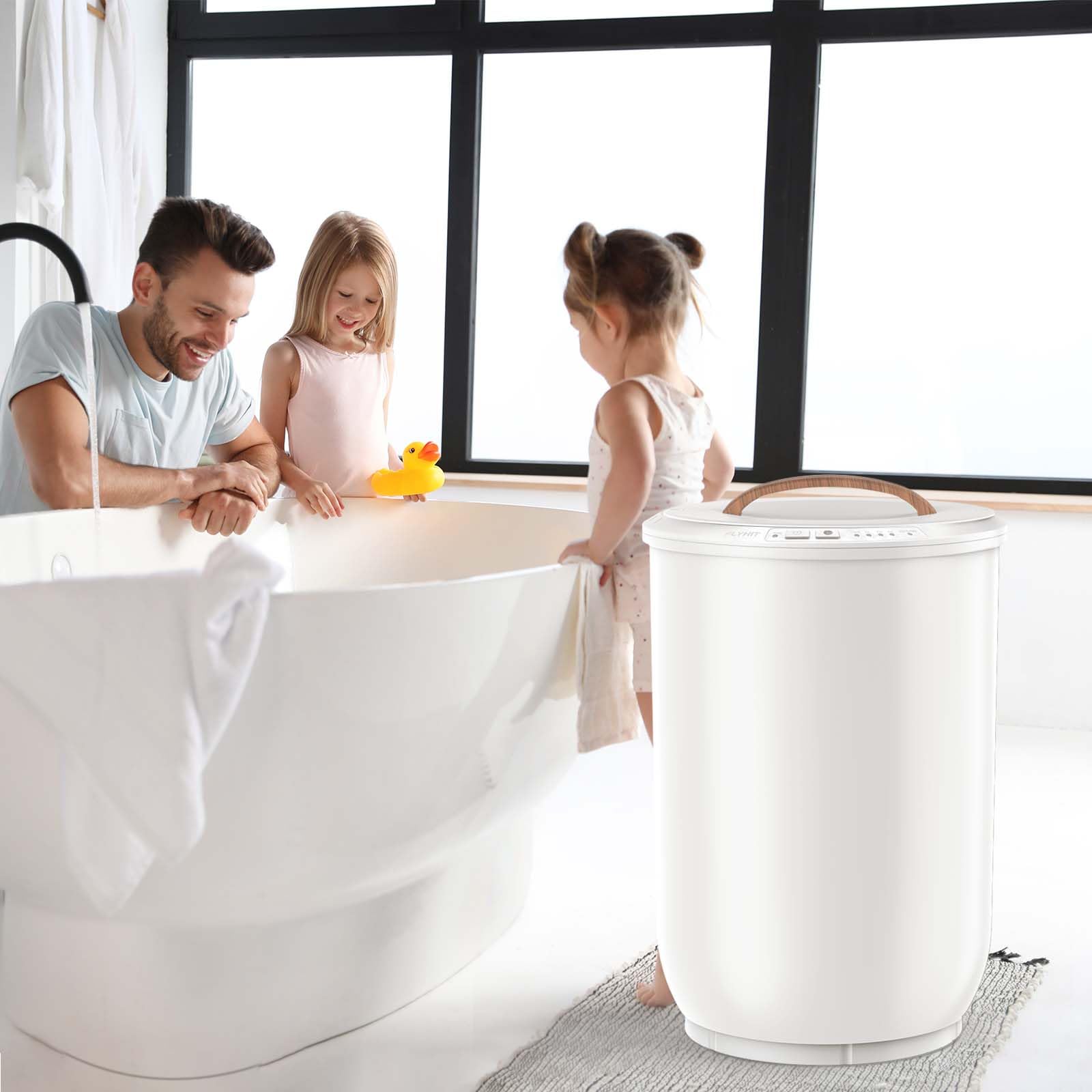 Premium White 20L Bucket Towel Warmer with Wood Handle & Auto Shut Off - FLYHIT Luxury Bathroom Towel Heater for Oversized Towels (Up to 40
