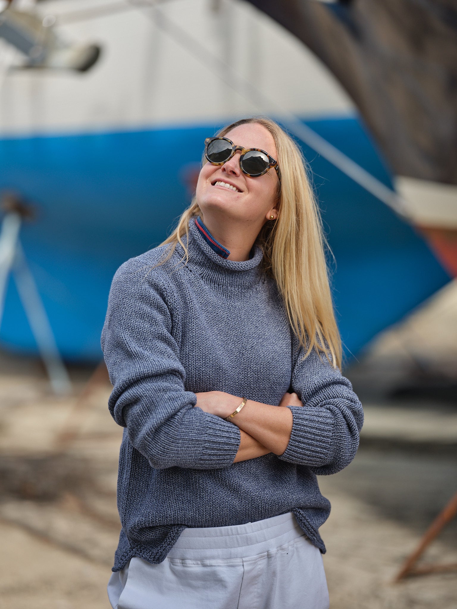 Denim Mix Women's Fisherman Sweater - Cozy Knit Pullover for Casual Outings & Fall Layering