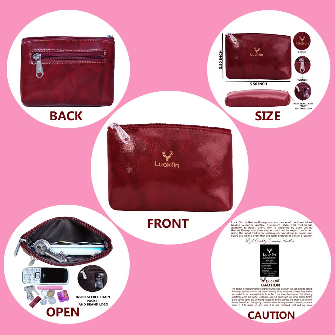 LuckOn Genuine Leather Women's Small Wallet - Compact Coin Purse & Card Holder for Ladies (5.5