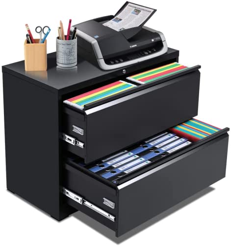 2-Drawer Locking Lateral File Cabinet - Heavy Duty Black Metal Steel Office Filing Cabinet for Legal & Letter Size Documents - Secure Storage for Home, Office, or Business Use