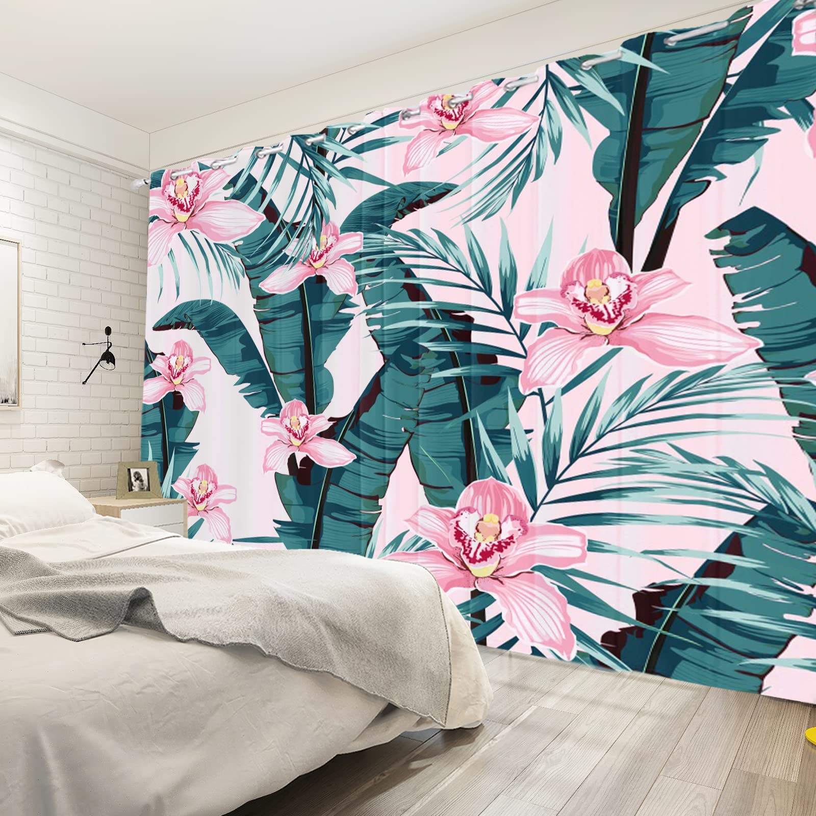 Banana Leaf Window Curtains - Tropical Pink Floral Palm Leaf Blackout Drapes for Kitchen, Living Room, Bedroom & Hotel Decor (53x63 Inch, 2 Panels) | Perfect for Beach House, Boho Chic & Tropical Themed Interiors