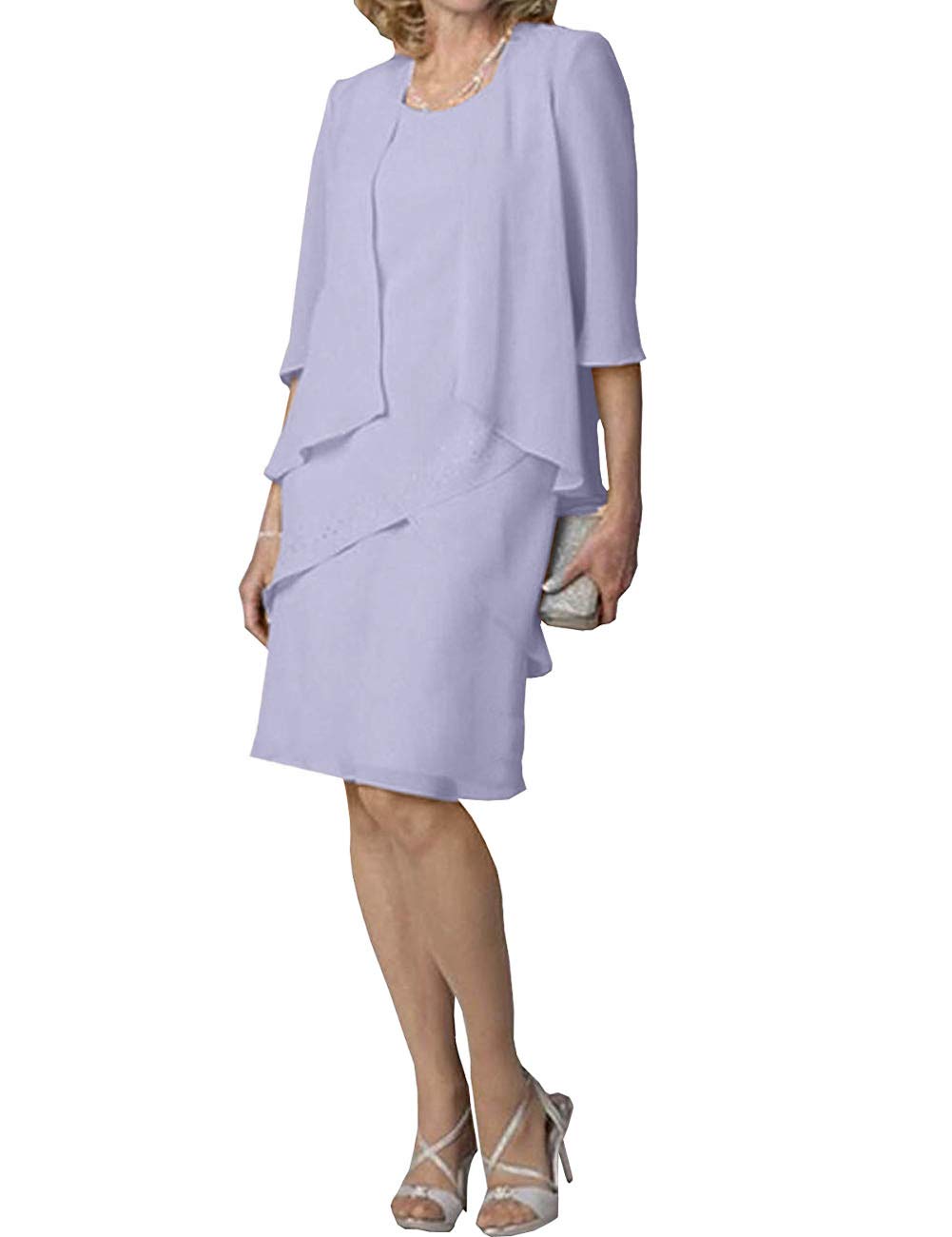 Elegant Short Mother of The Bride Dress with 3/4 Sleeve Chiffon Jacket & Tiered Skirt - Formal Evening Gown for Weddings, Receptions & Special Occasions